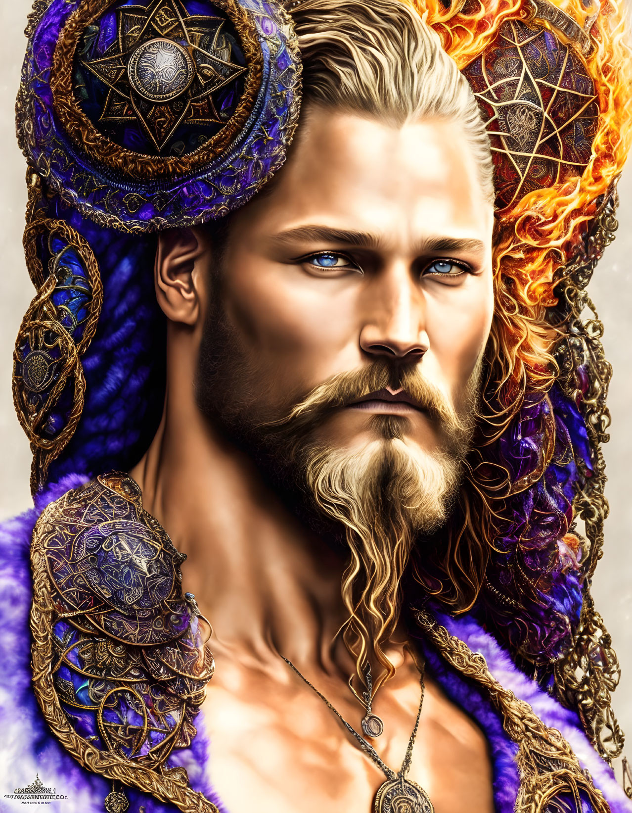 Bearded man with blue eyes and golden mystical symbols.