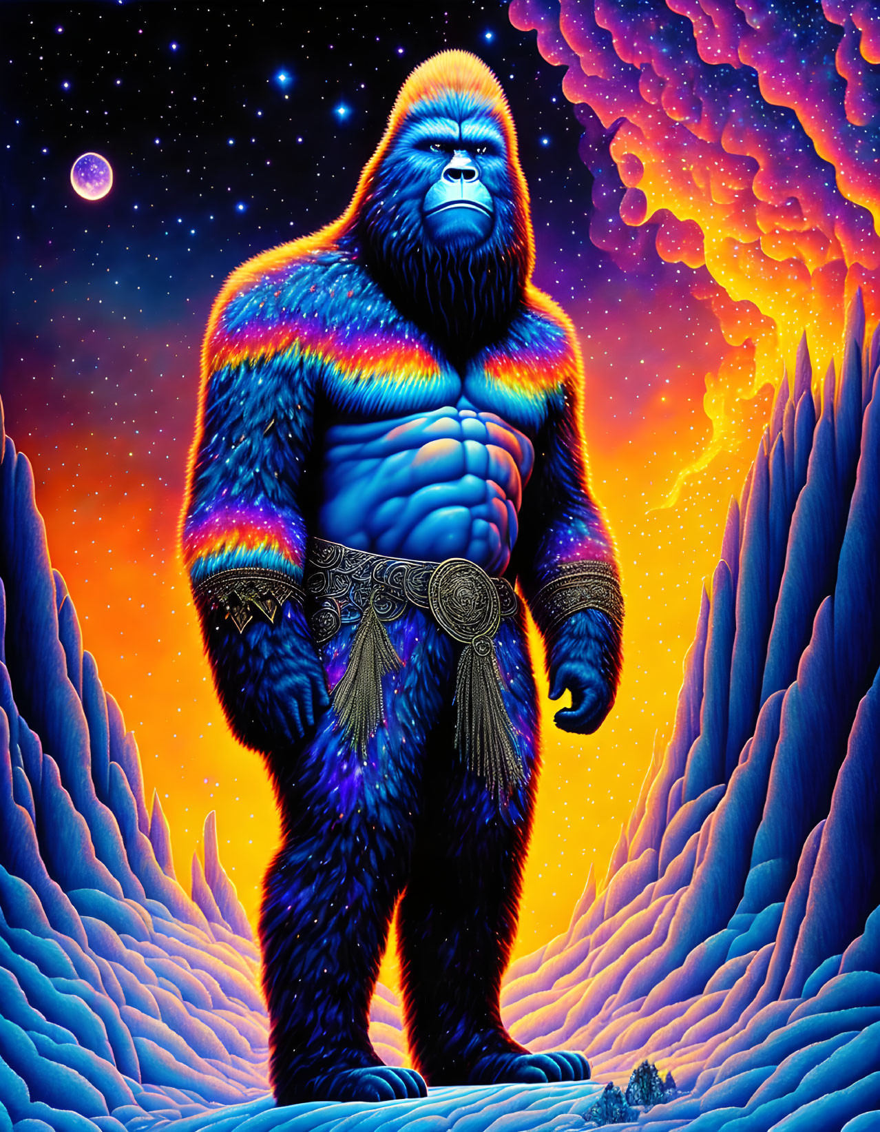 Colorful Gorilla in Alien Landscape with Purple Mountains and Starry Sky