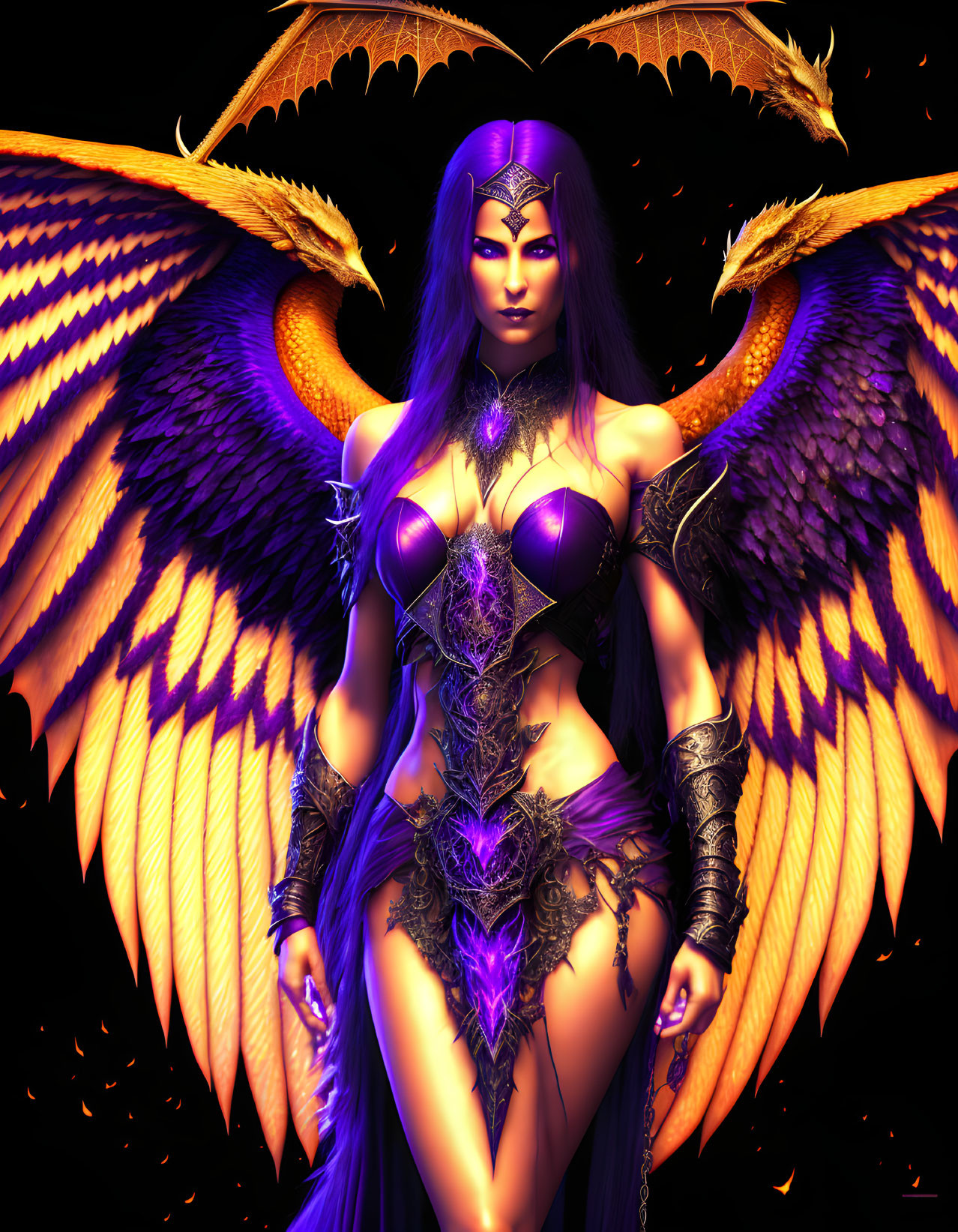 Mythical female figure with purple skin and orange wings in dark armor