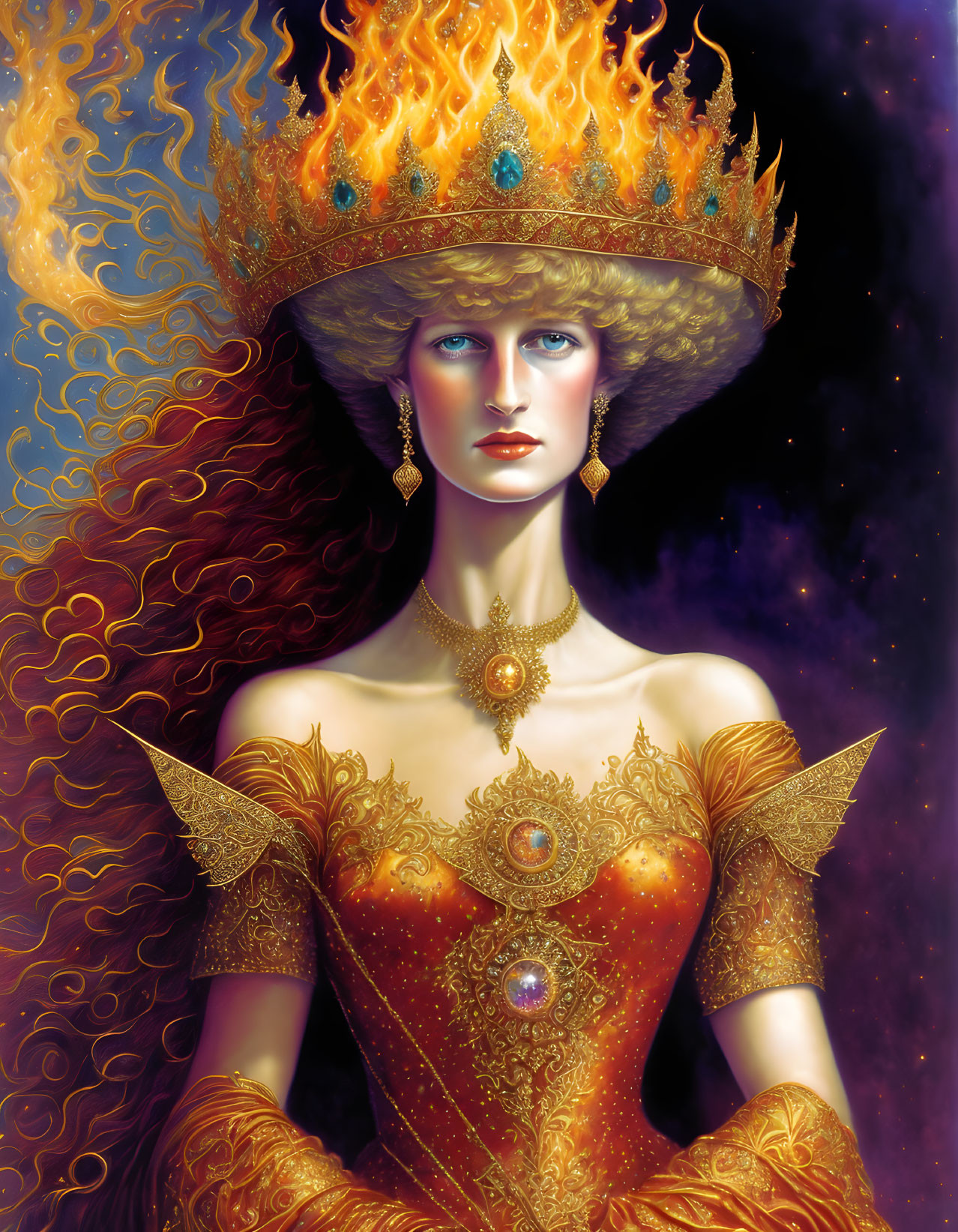 Regal woman illustration with fiery hair and golden crown