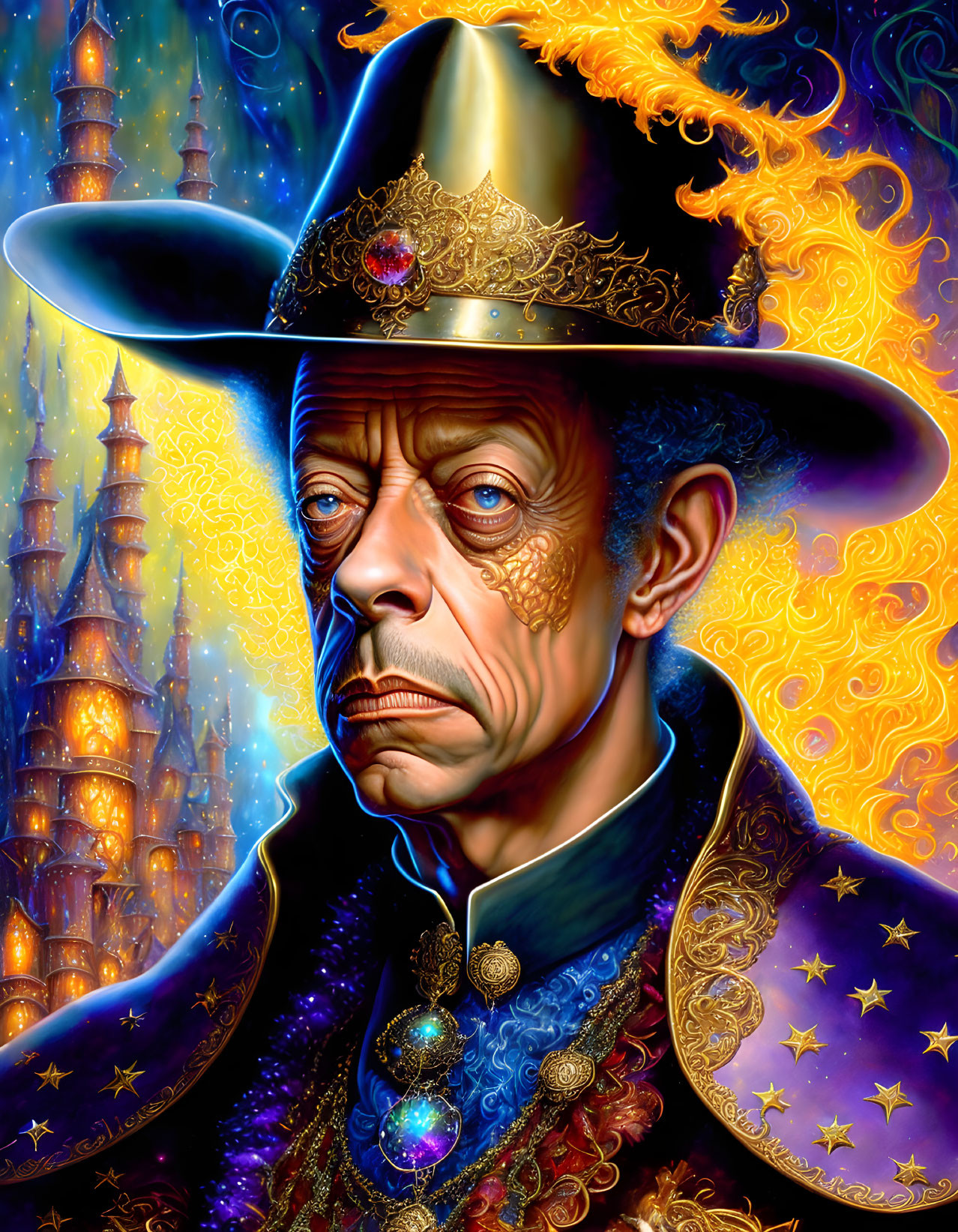 Mystical man in ornate hat and cloak, intense gaze, fantasy backdrop with golden spires