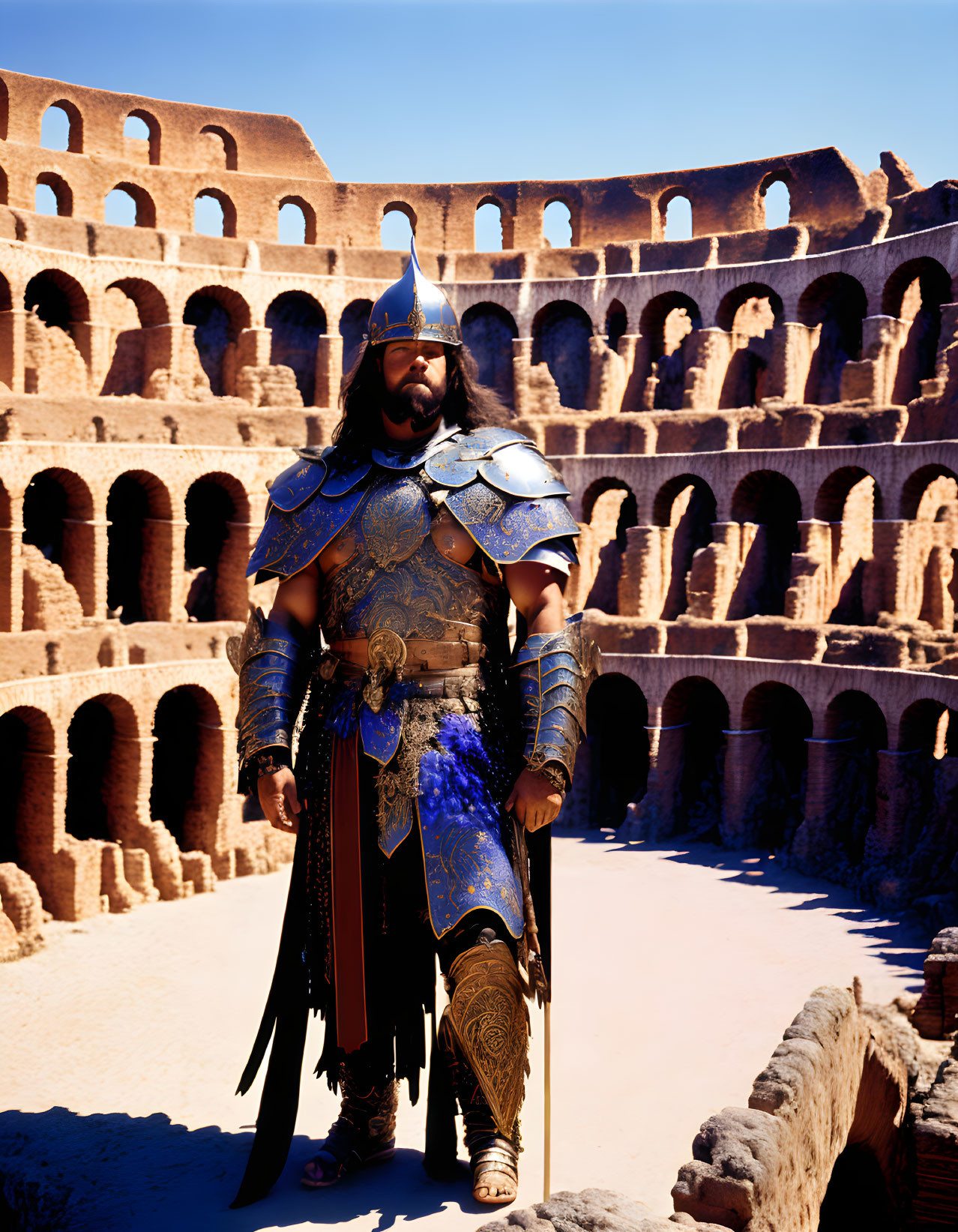 Digital Artwork: Warrior in Ornate Armor in Roman Colosseum