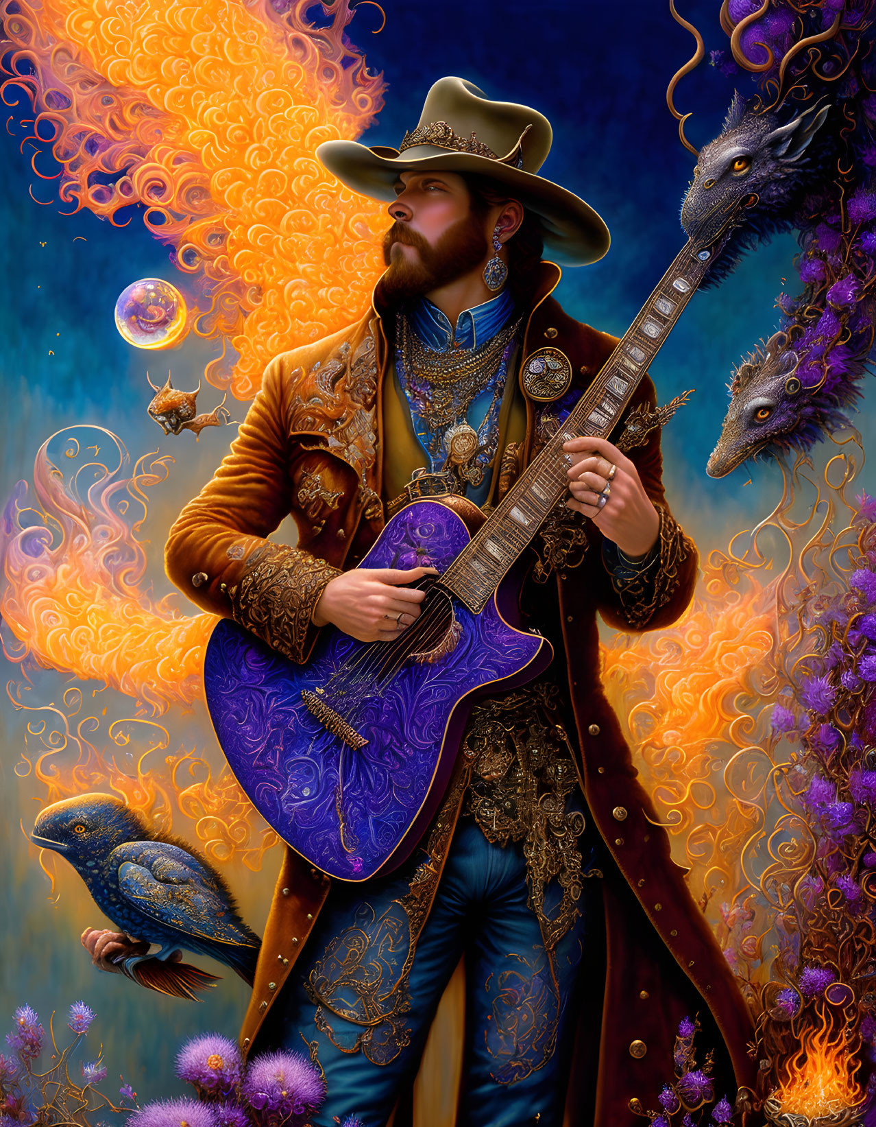 Colorful Psychedelic Portrait of Man Playing Blue Guitar