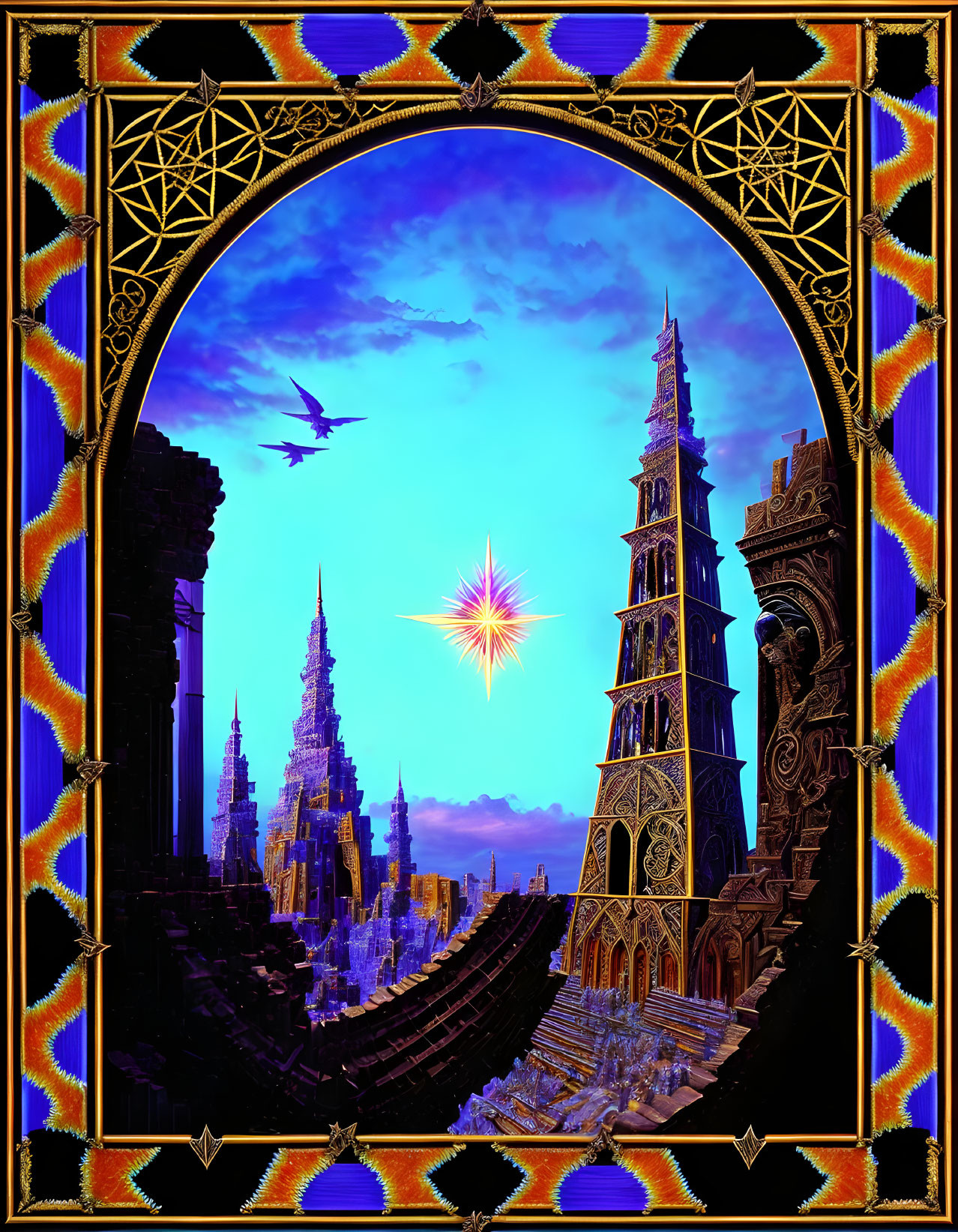 Digital art: Ornate gothic fantasy architecture under night sky