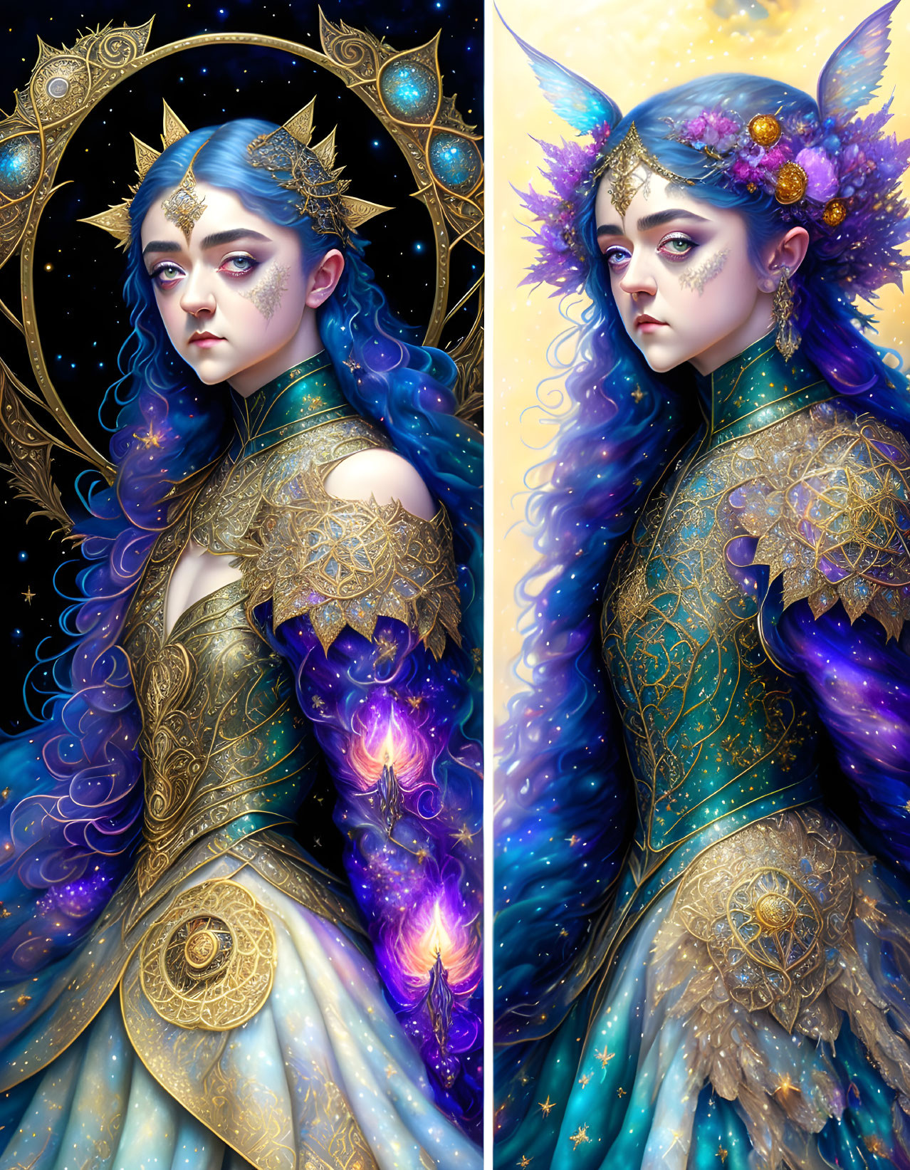 Stylized fantasy portraits with celestial and floral themes