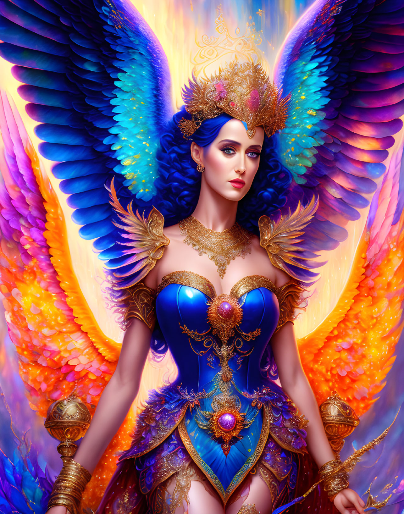 Majestic figure in ornate blue and gold attire