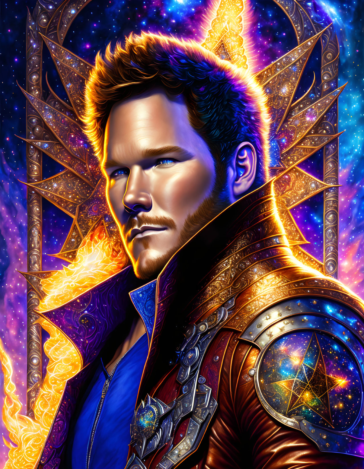 Colorful Male Comic Character in Space-Themed Illustration