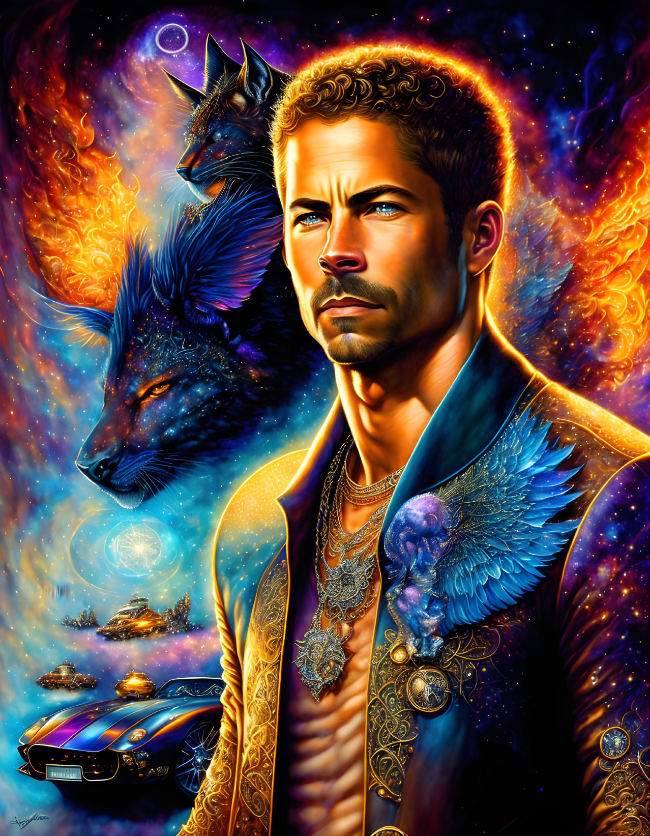 Intense gaze man in cosmic art with wolf, phoenix, stars, planet, and cars