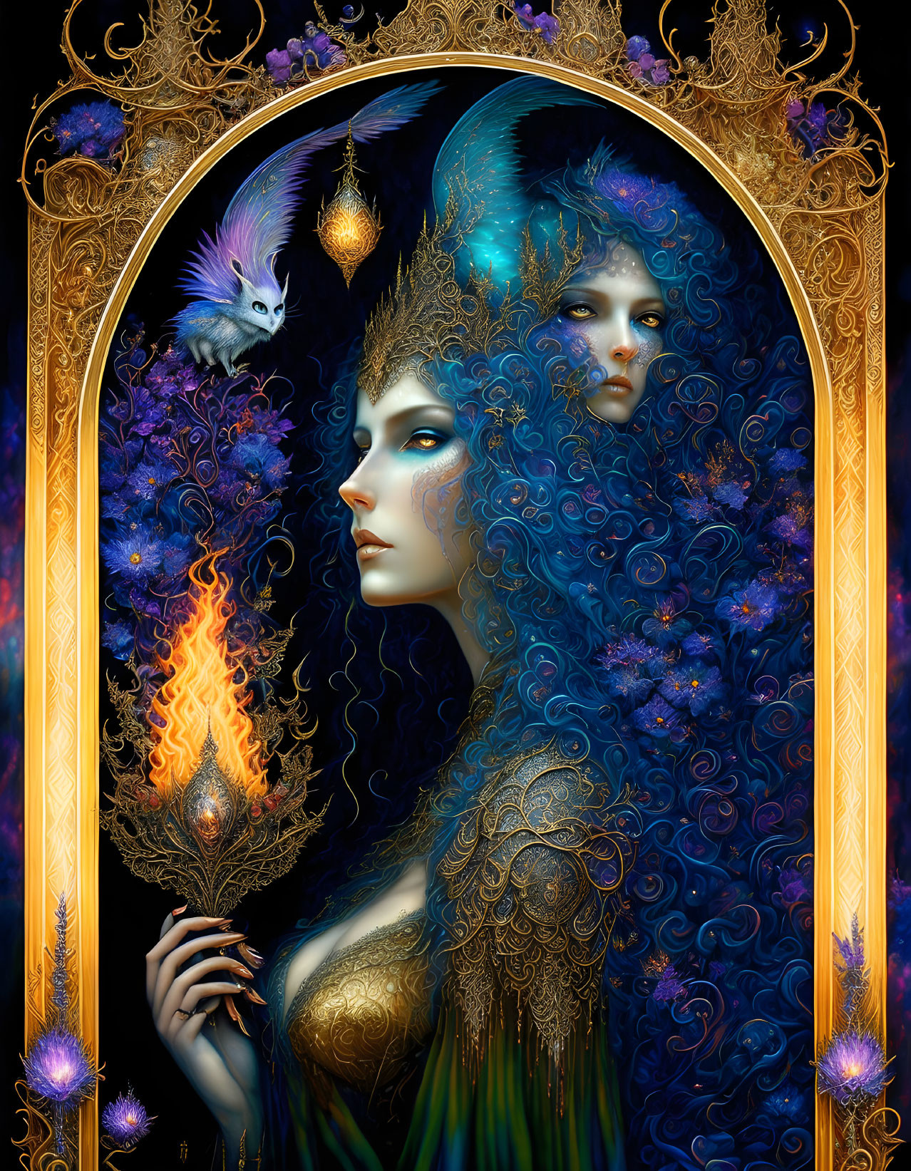 Fantasy artwork of blue-skinned woman with star-adorned hair holding a flame under ornate