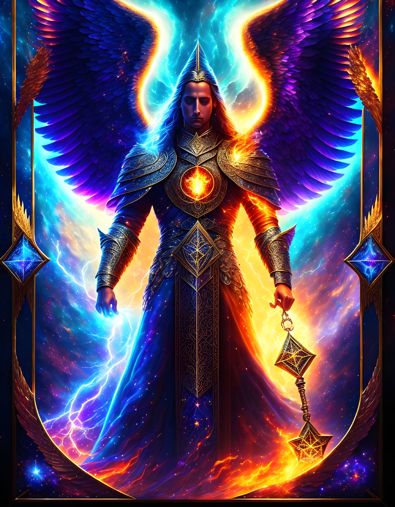 Figure in ornate armor with glowing wings and geometric chain in cosmic setting.