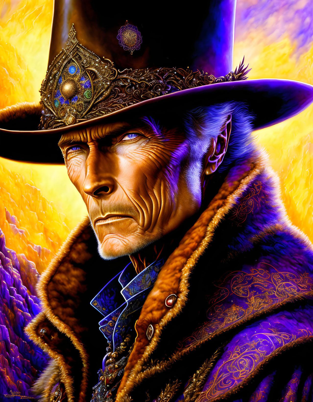 Stylized portrait of man in high-collared coat and top hat on vibrant background