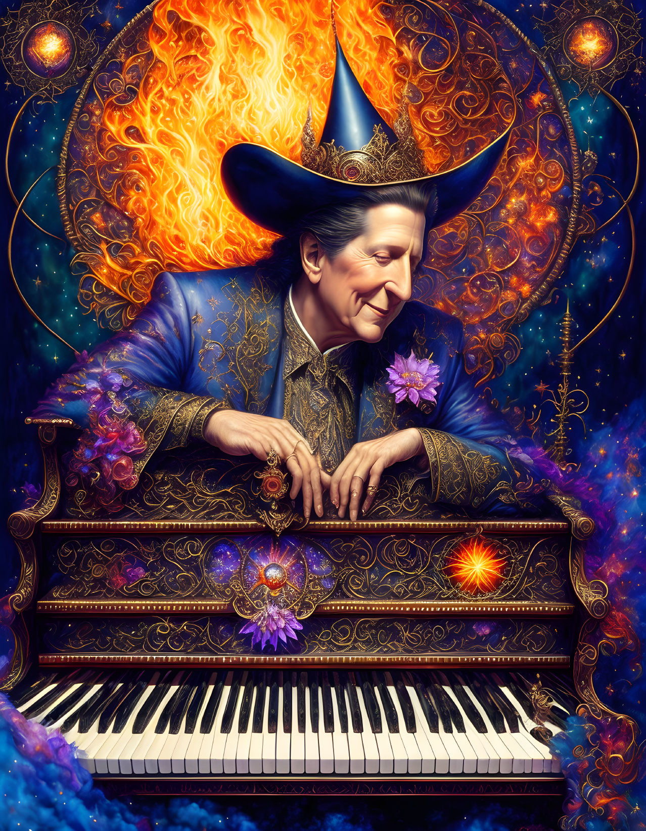 Colorful figure with fiery hat at piano in cosmic setting