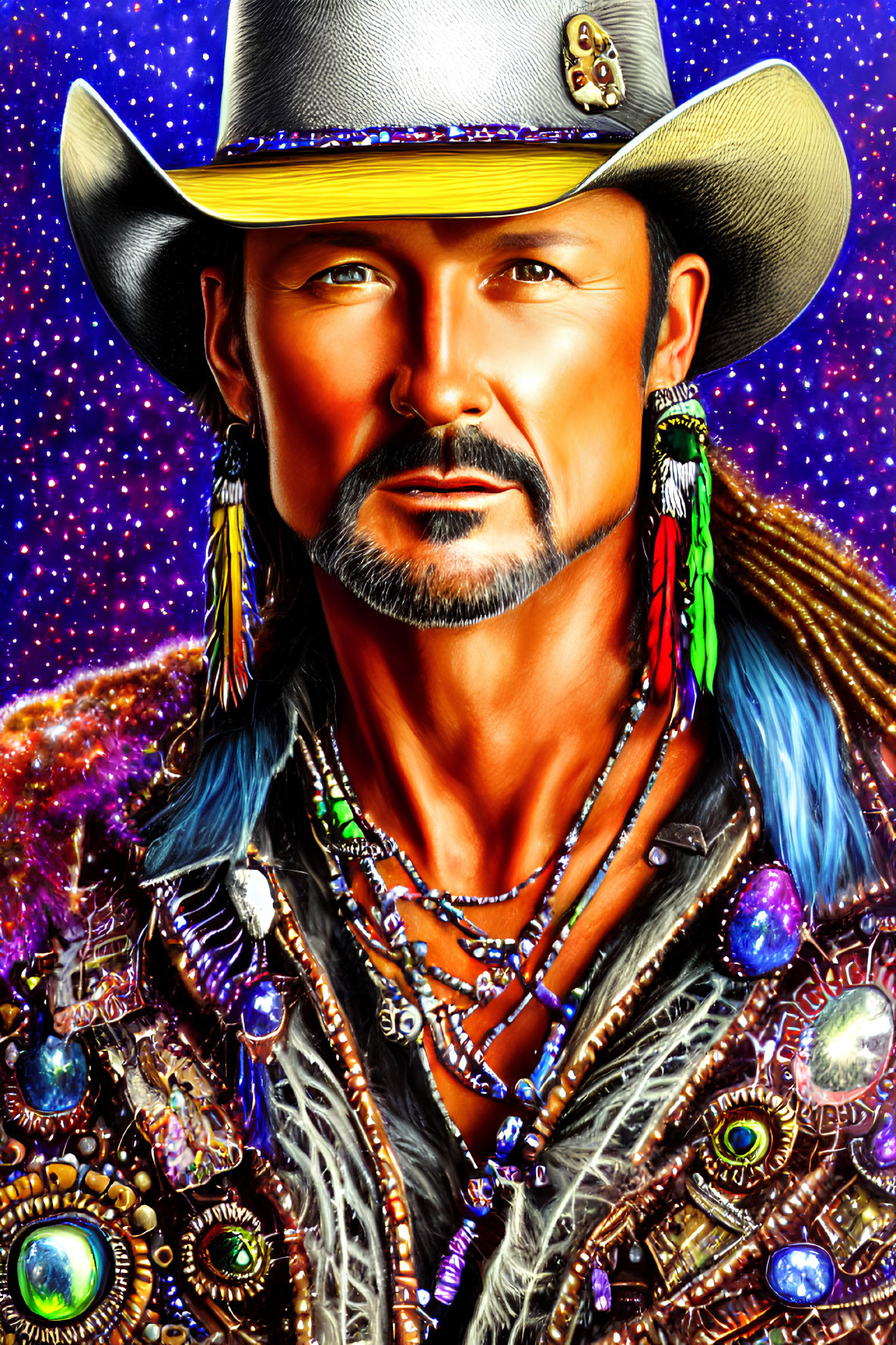 Colorful Portrait of Man in Cowboy Hat with Mustache & Jewelry