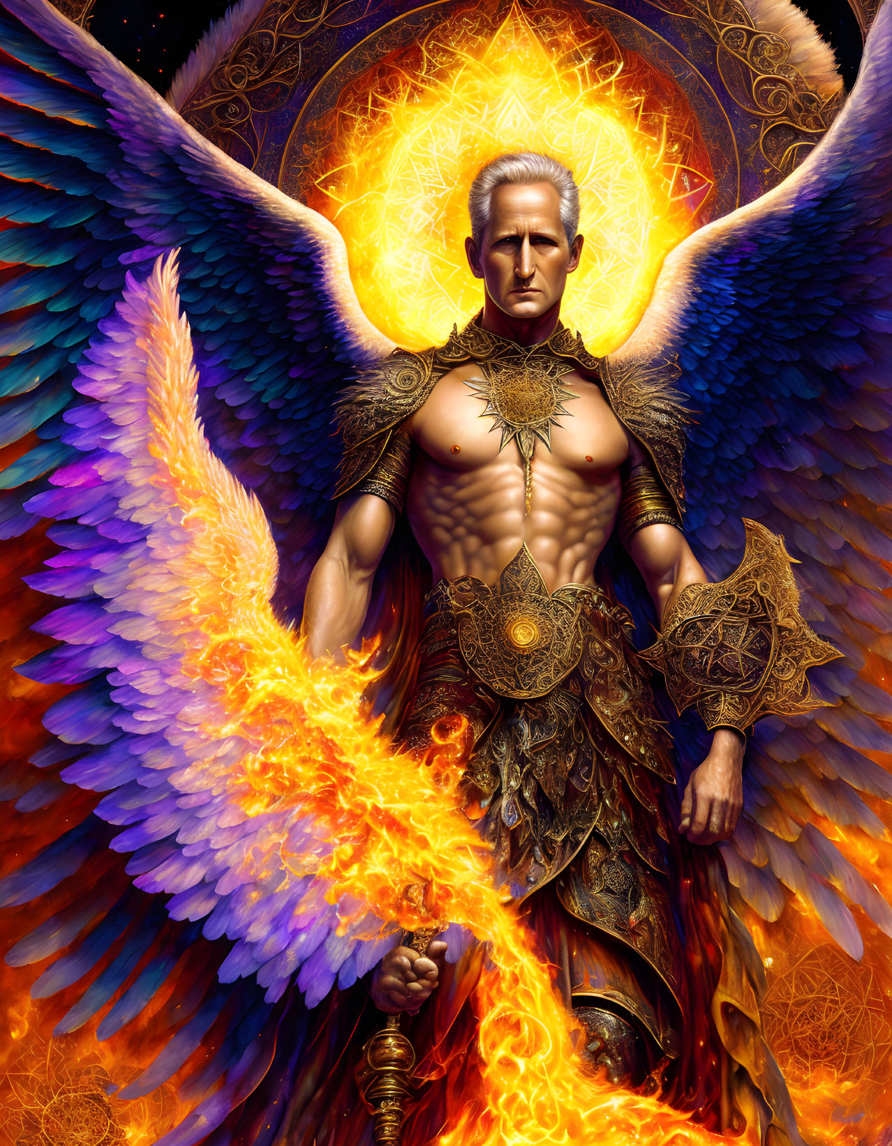 Majestic figure with angelic wings in flaming armor and sword on mystical golden backdrop