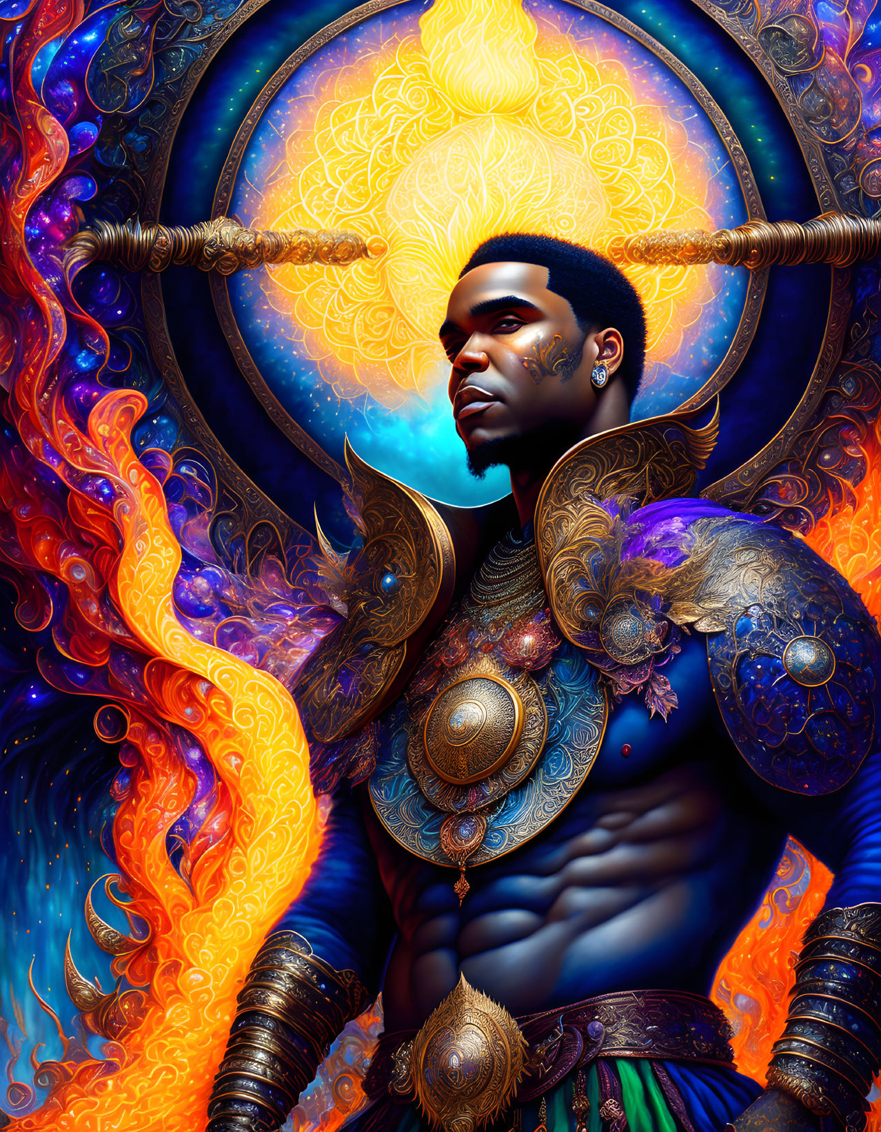 Colorful digital portrait of a man in golden armor with mystical patterns on a cosmic background