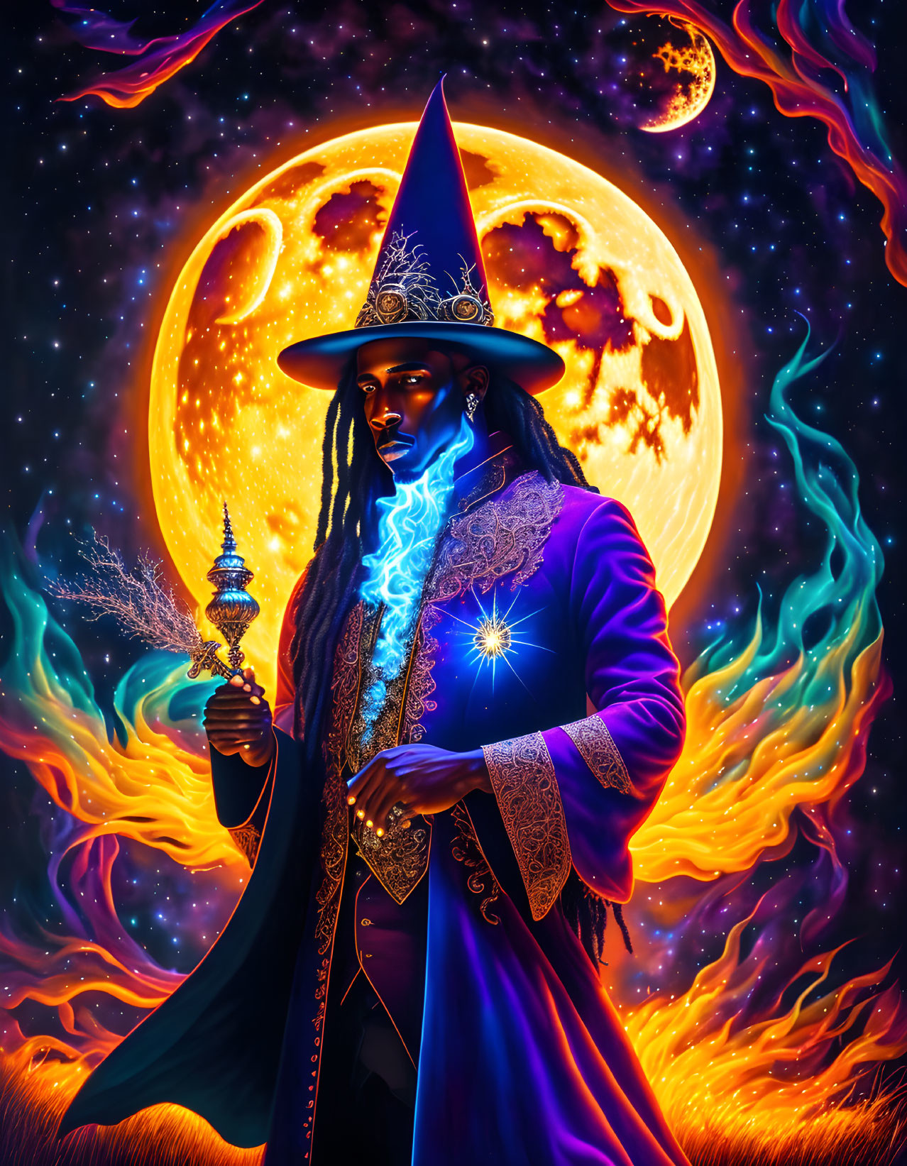 Blue-skinned wizard with staff and wand under fiery moon