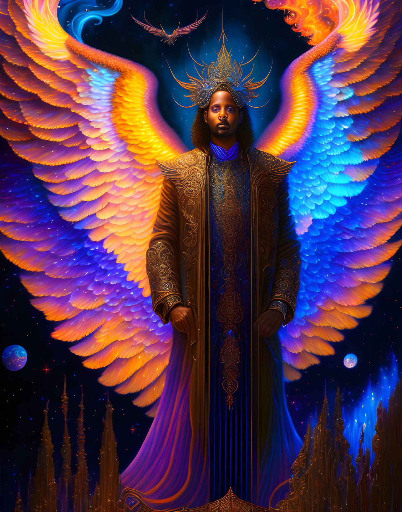 Colorful Winged Figure in Cosmic Setting with Planets and Regal Attire