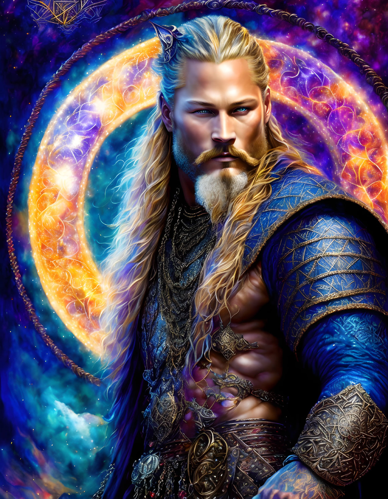 Bearded warrior in ornate armor against cosmic backdrop