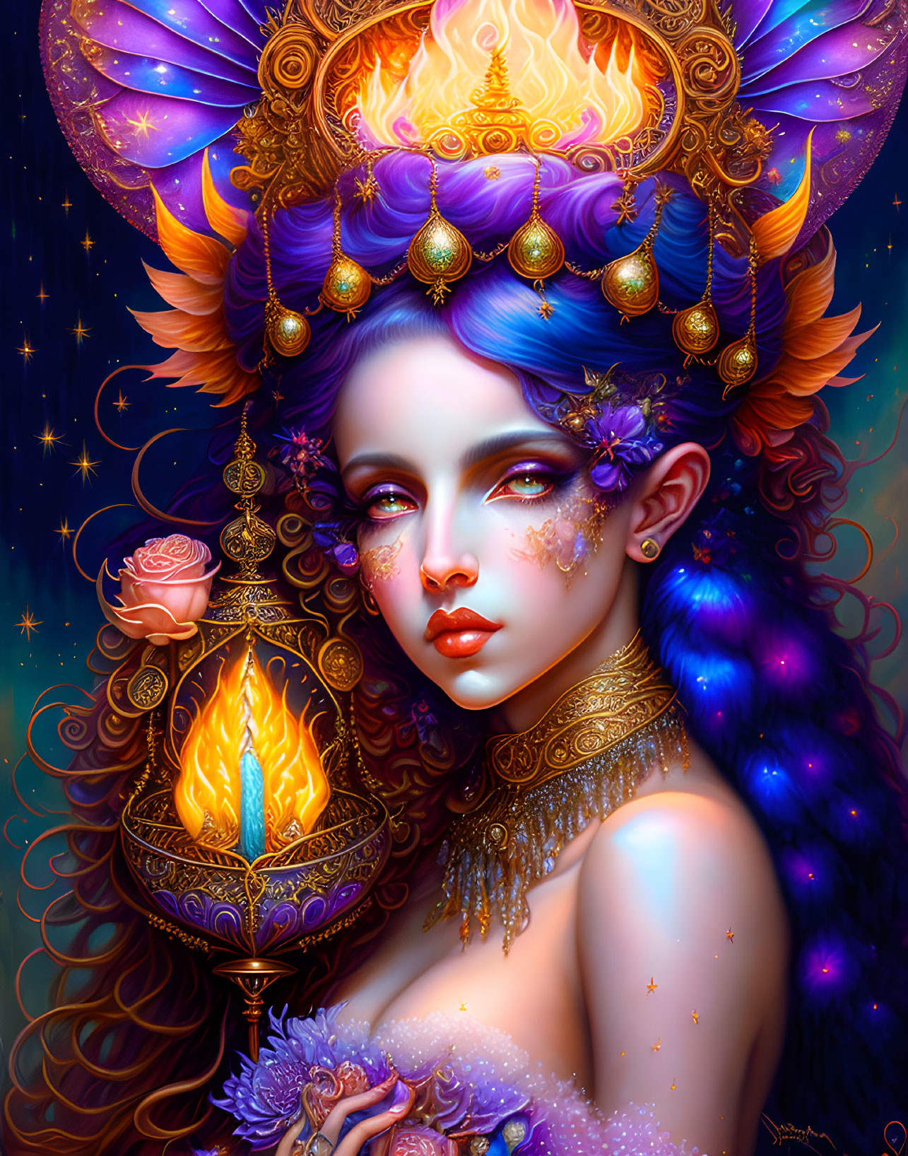 Fantasy illustration of woman with violet hair, golden crown, lantern, mystical flame, stars