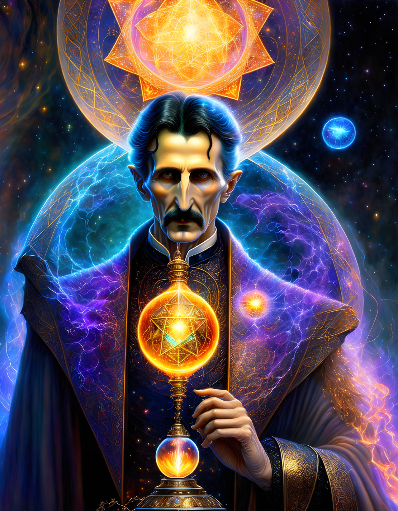 Mystical artwork featuring a man with cheekbones, holding a staff with a glowing orb, surrounded