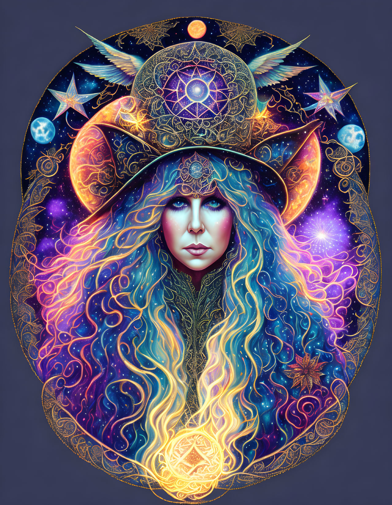 Mystical woman with crescent moon hat and celestial motifs