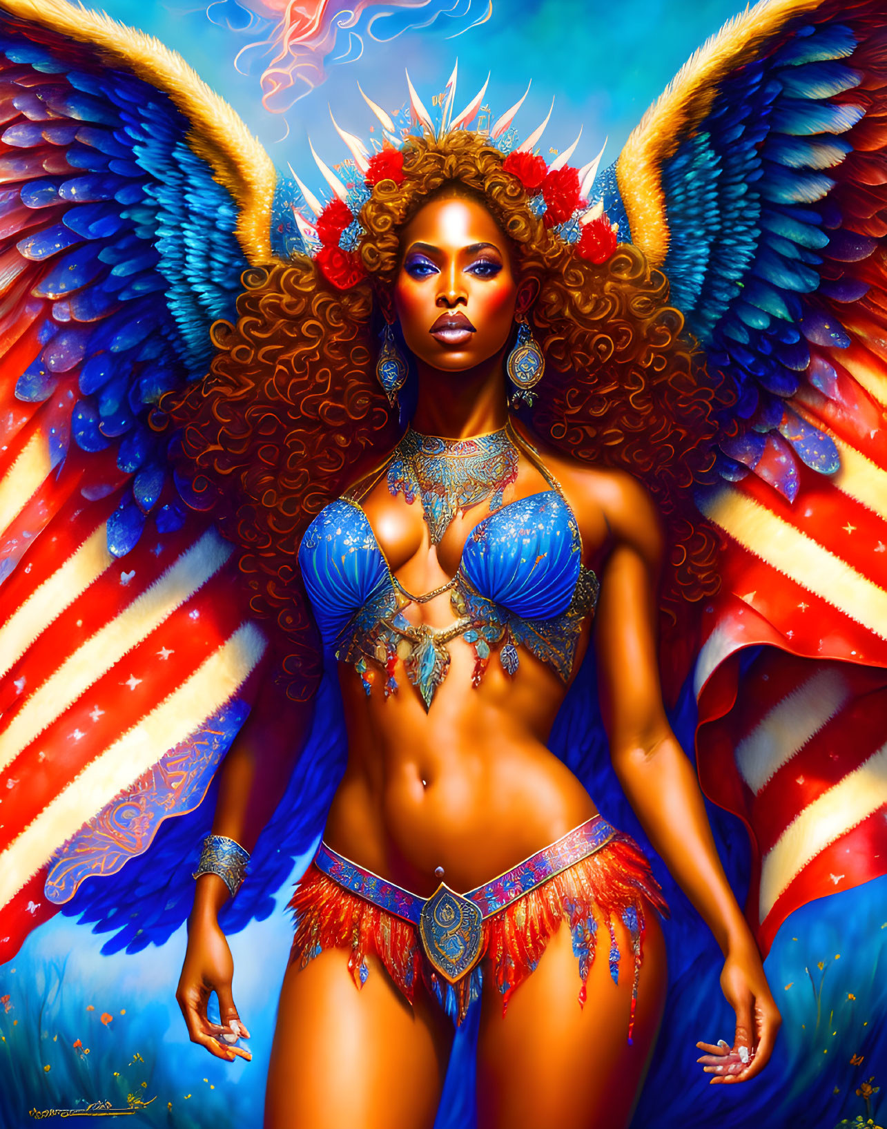 Colorful digital artwork of majestic woman with angel wings and regal attire