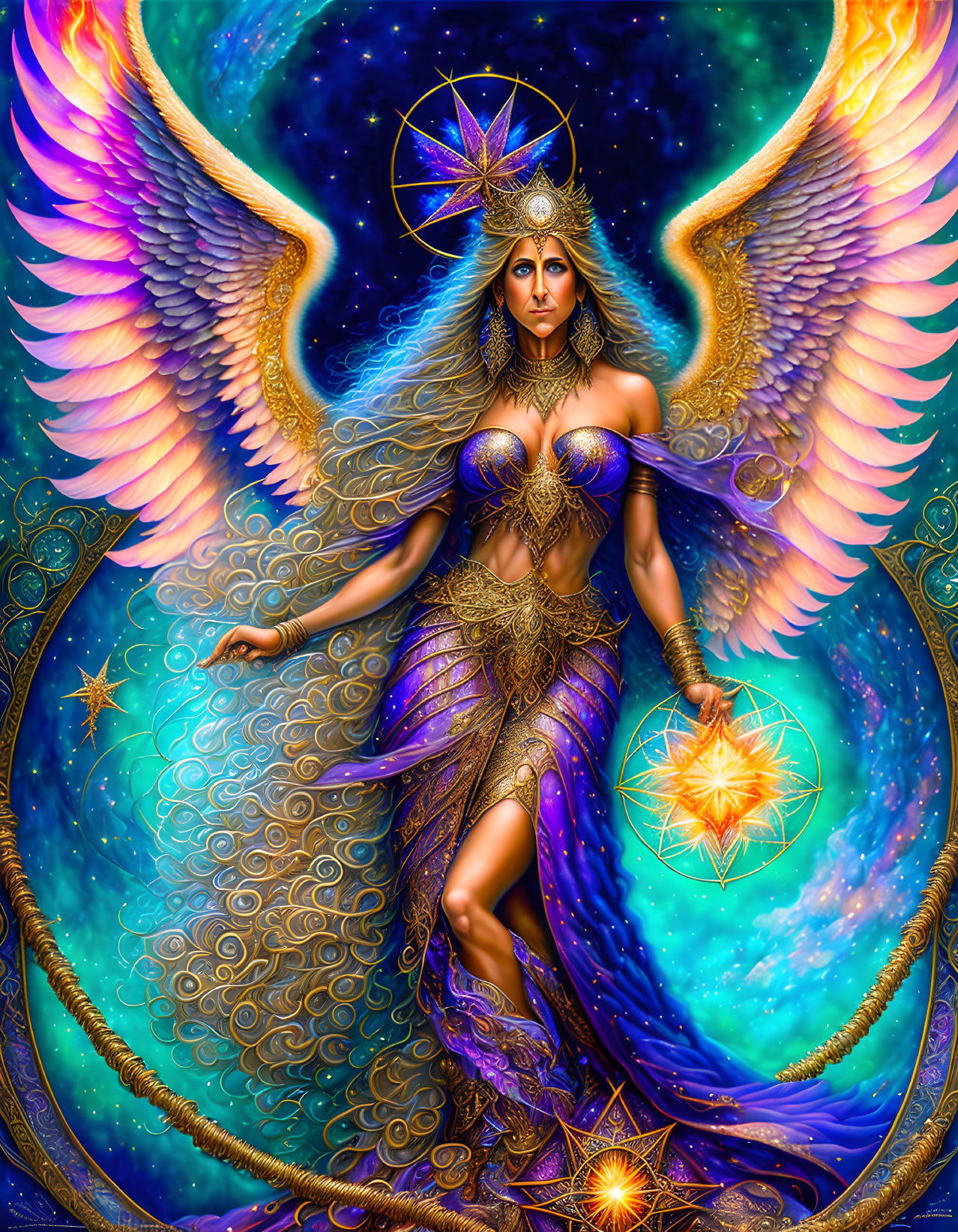 Ethereal winged female in golden armor with celestial motifs holding a glowing star