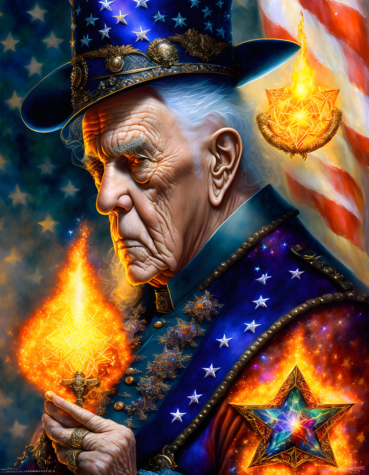 Elderly man in starry outfit with fiery emblem and flag