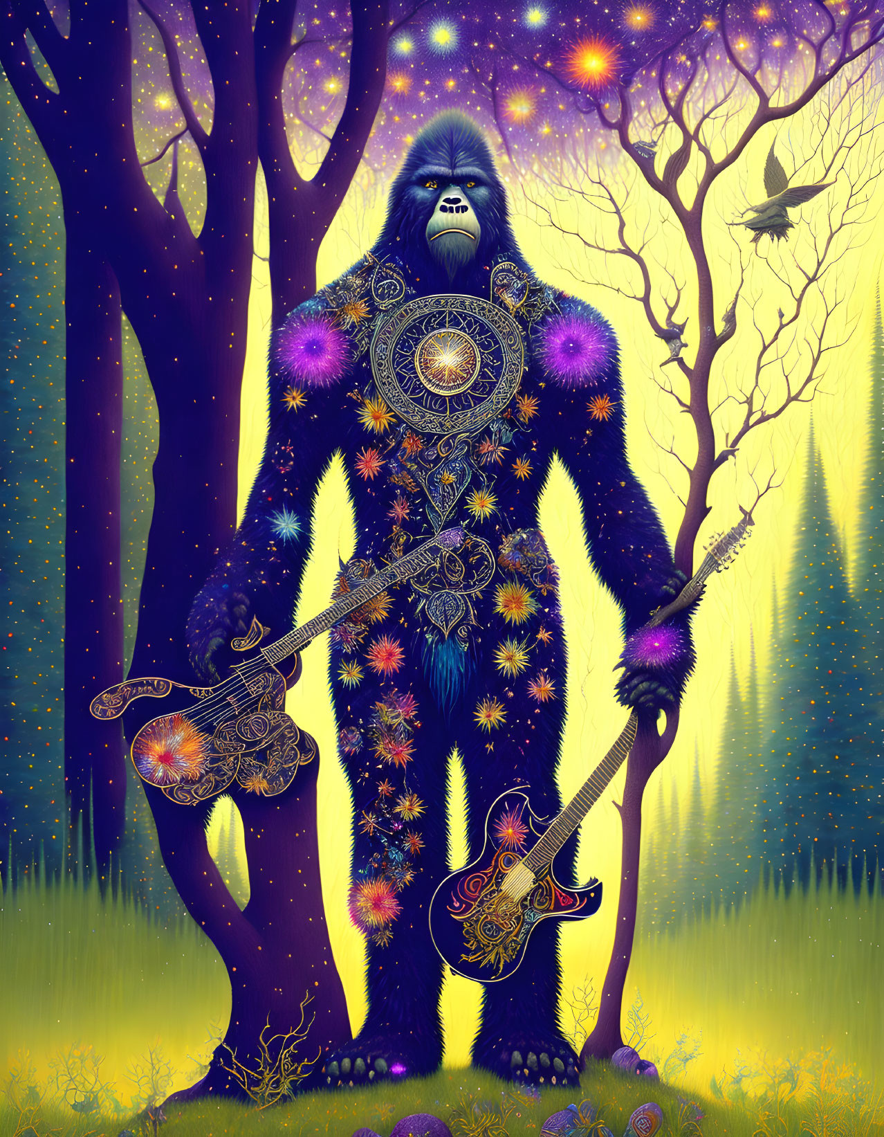 Colorful Cosmic Gorilla with Guitar in Psychedelic Forest