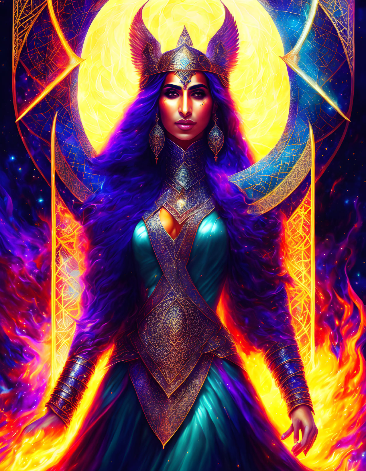 Regal woman in fantasy armor with dark hair against cosmic backdrop