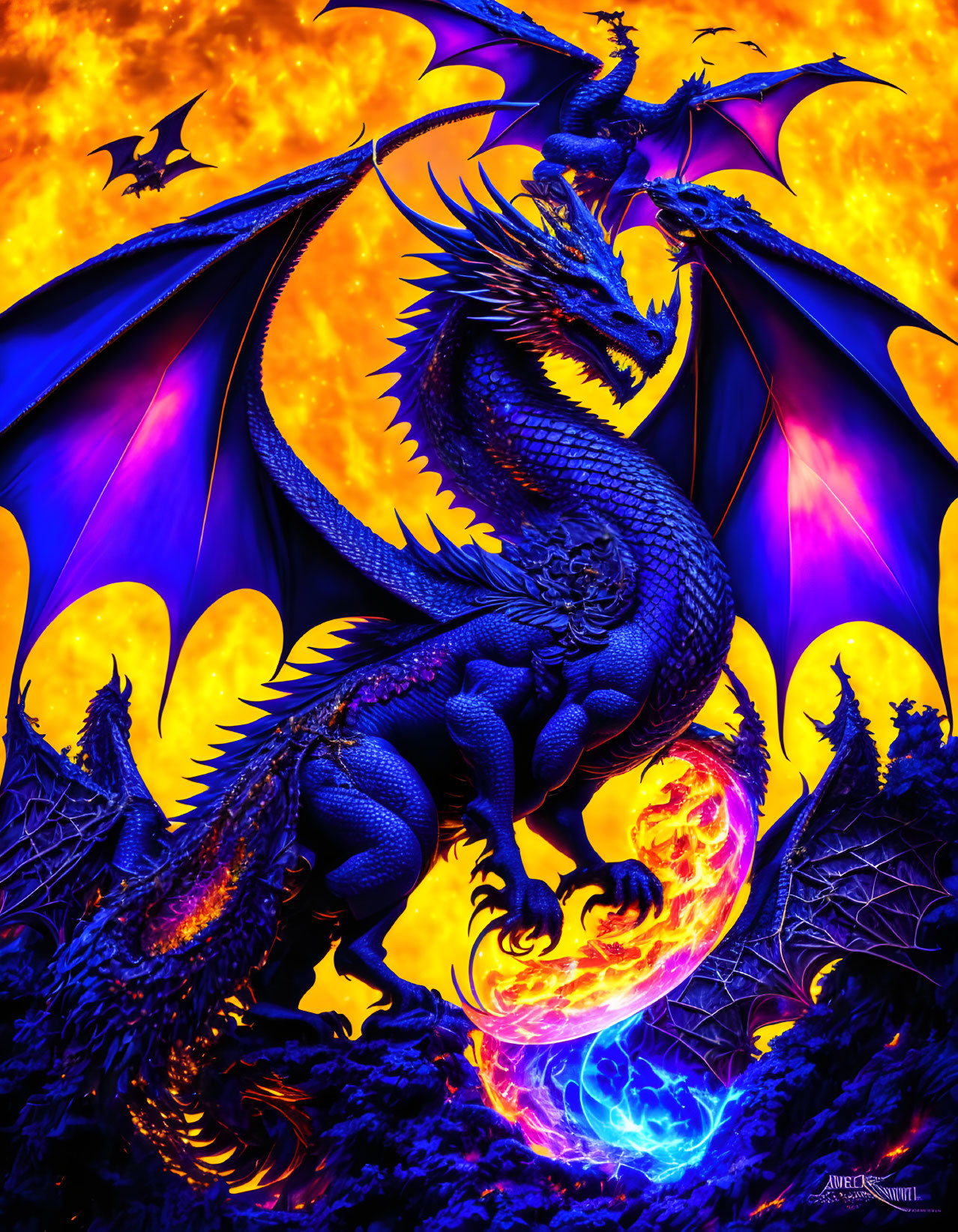 Majestic blue dragon on fiery landscape with moon & smaller dragons in background