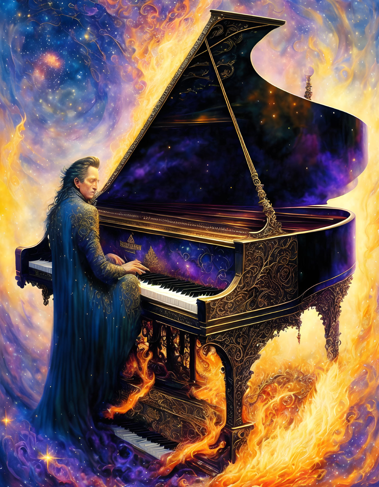 Person in blue ornate dress playing grand piano engulfed in flames against cosmic backdrop.