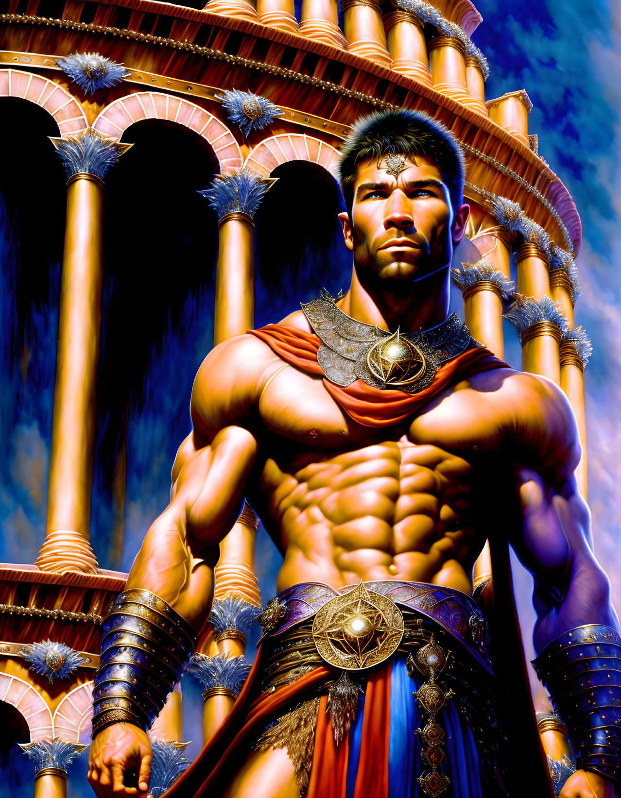 Muscular man in ancient warrior attire at grand fountain structure