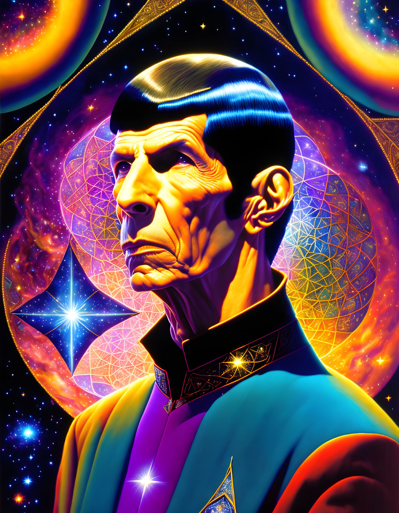 Pointed Eared Humanoid Male in Blue Uniform Against Cosmic Background