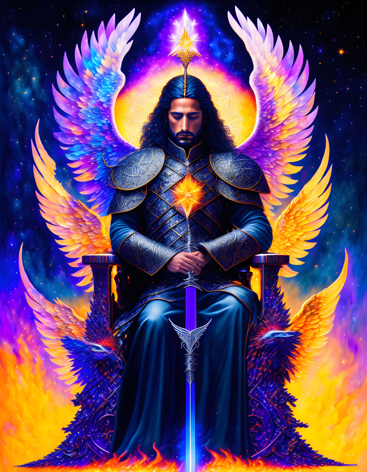 Majestic figure on throne with radiant wings and glowing sword