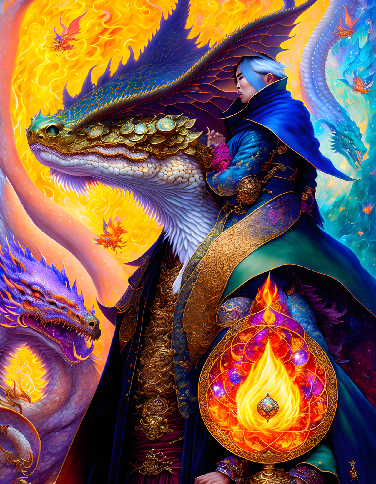 Fantasy-themed artwork: Person in ornate attire with dragons and phoenix orb