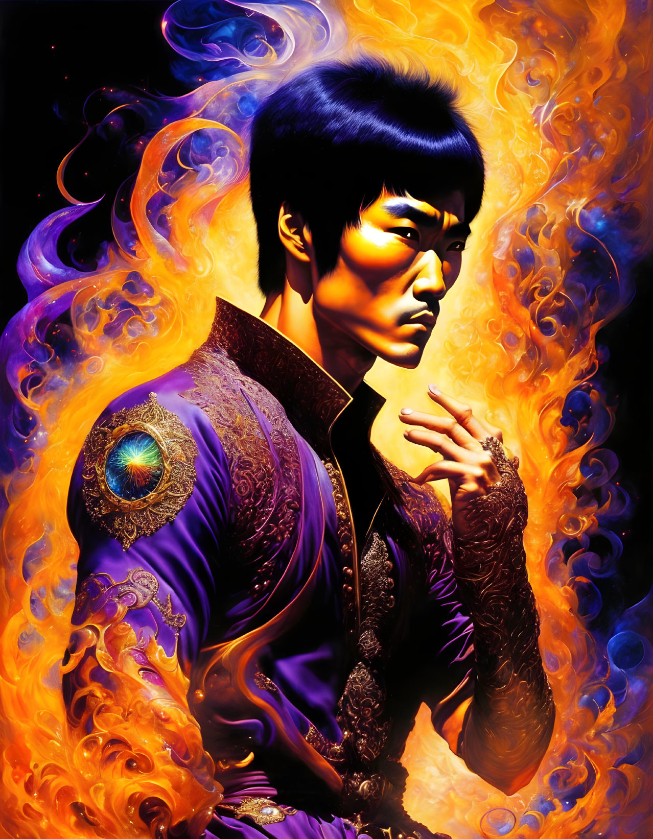 Colorful illustration: contemplative man in fiery flames and purple attire