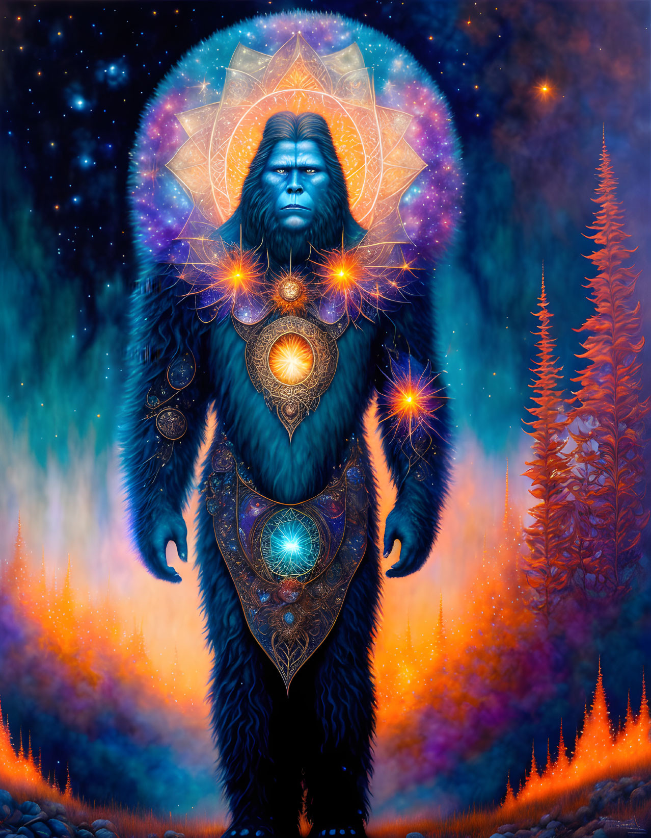 Lion-headed cosmic entity in galactic forest