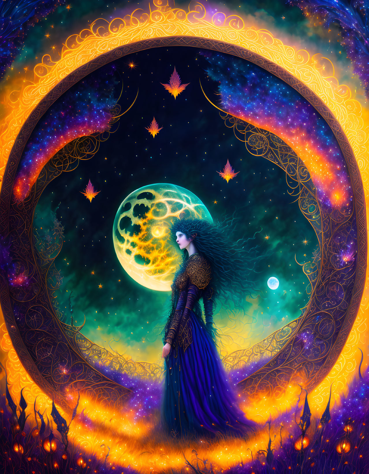 Fantasy woman under moon in ornate circular frame.