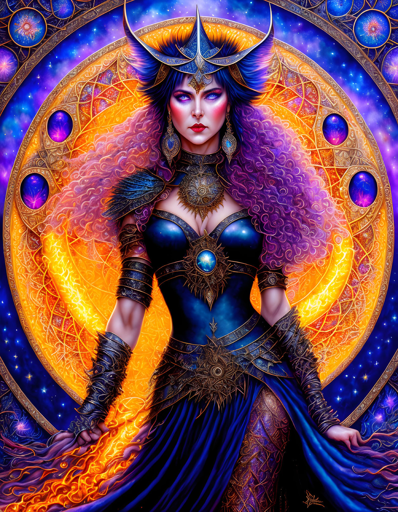 Fantasy character with purple hair and crescent moon headdress in cosmic setting