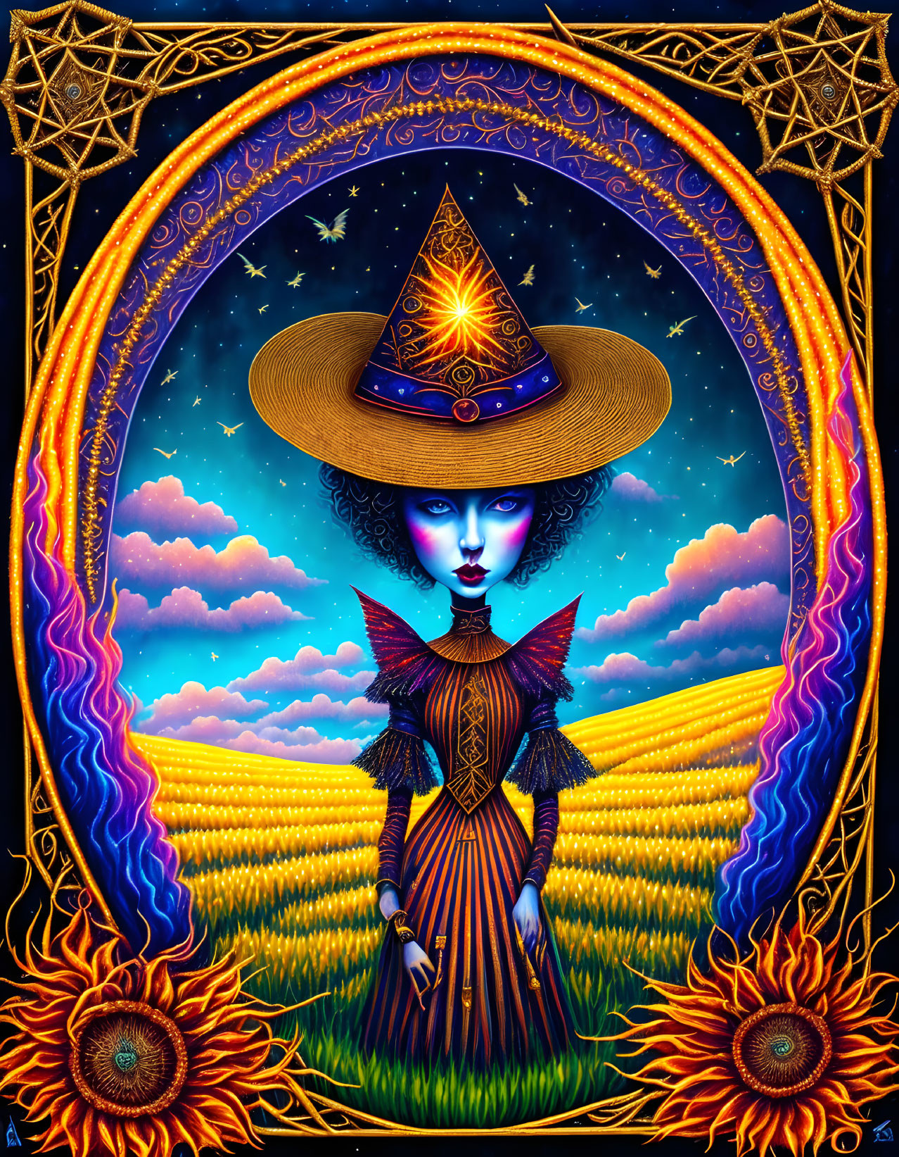 Mystical blue-skinned witch in ornate attire under starry sky