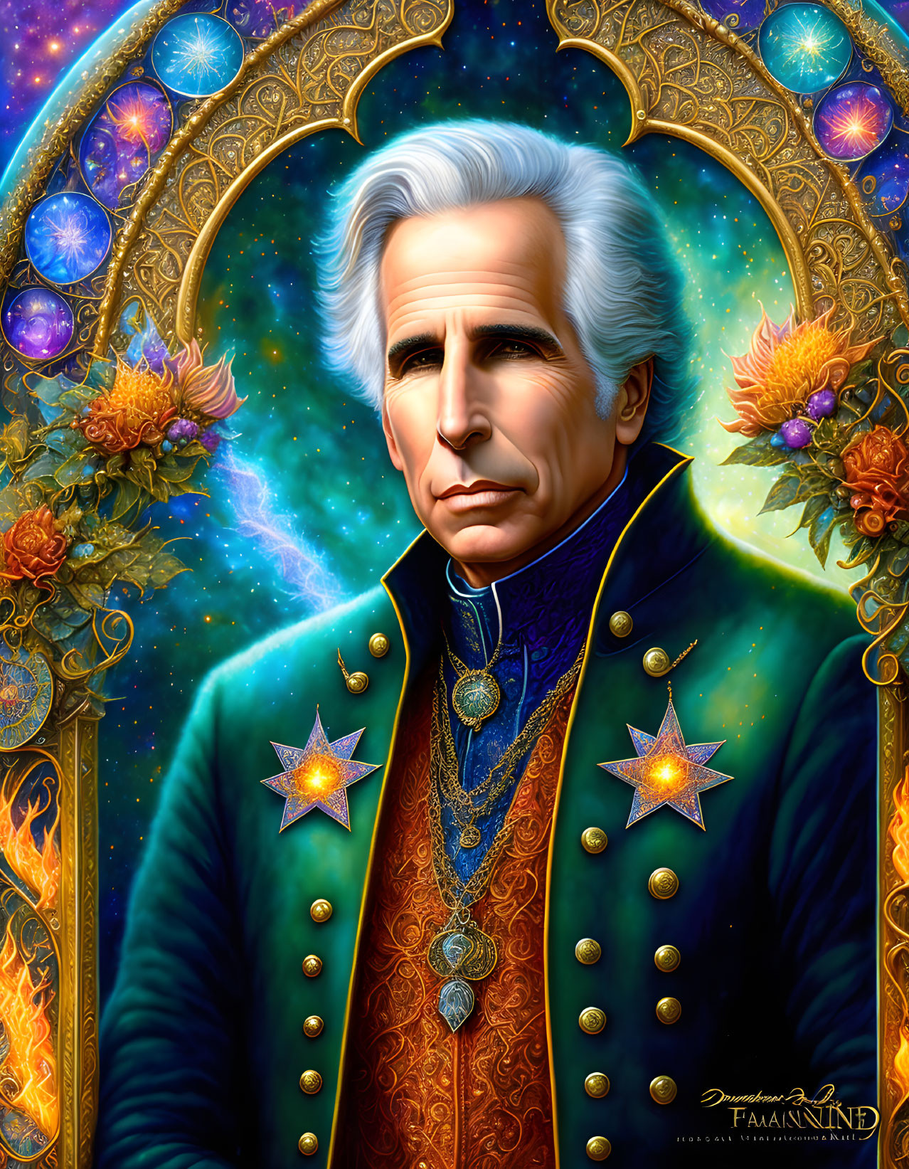 Silver-Haired Man in Blue Coat with Celestial and Floral Motifs