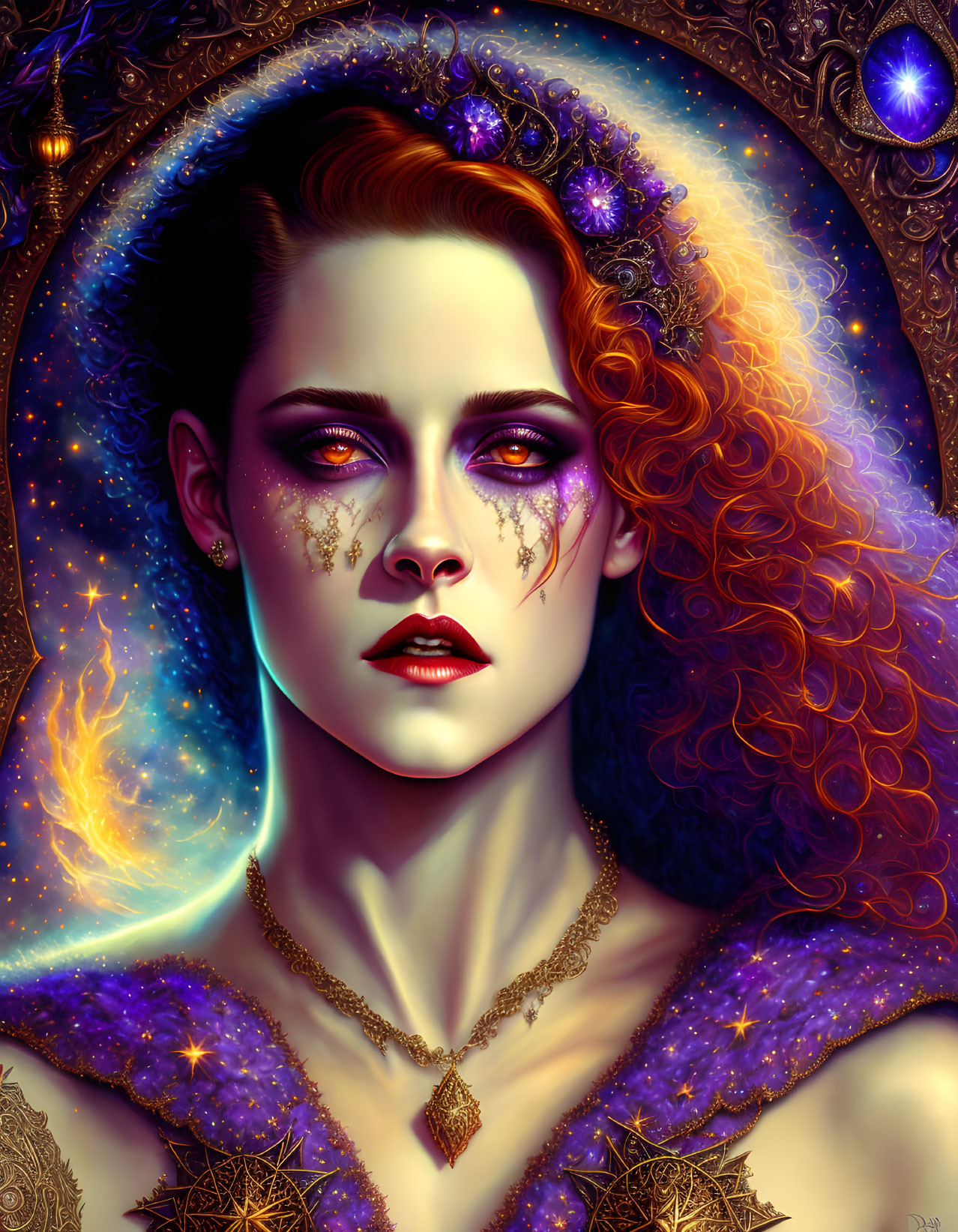 Vibrant red-haired woman in cosmic makeup and purple attire on starry backdrop