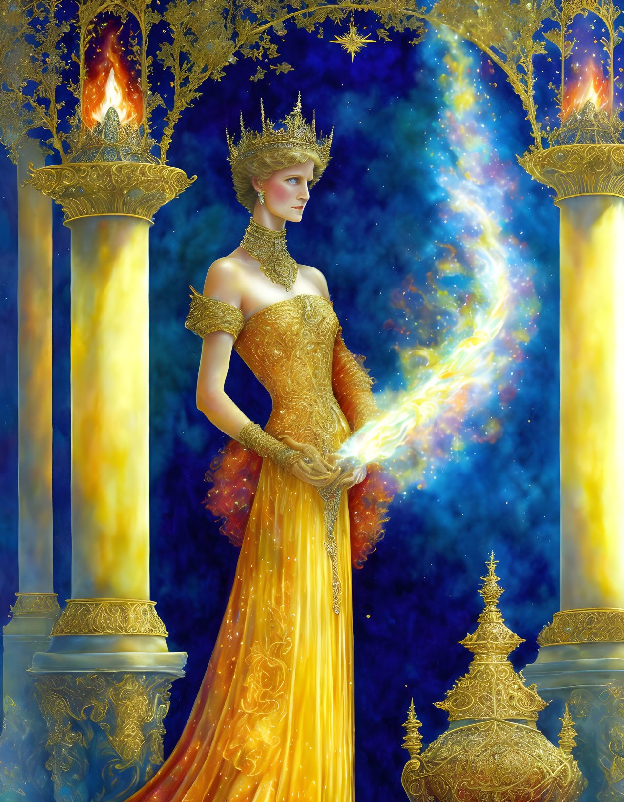 Regal Figure in Golden Gown with Crown and Radiant Light between Pillars