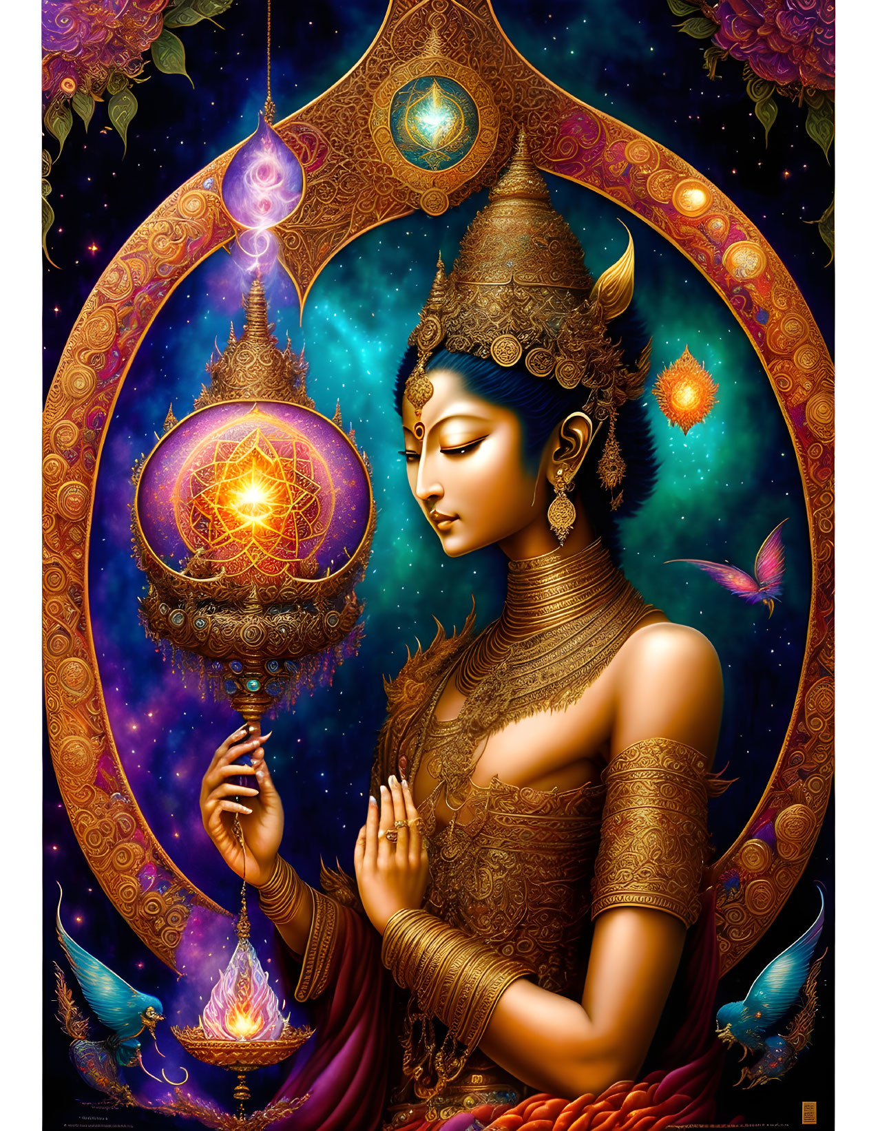 Colorful mythical figure with intricate headgear and glowing orb in celestial setting.