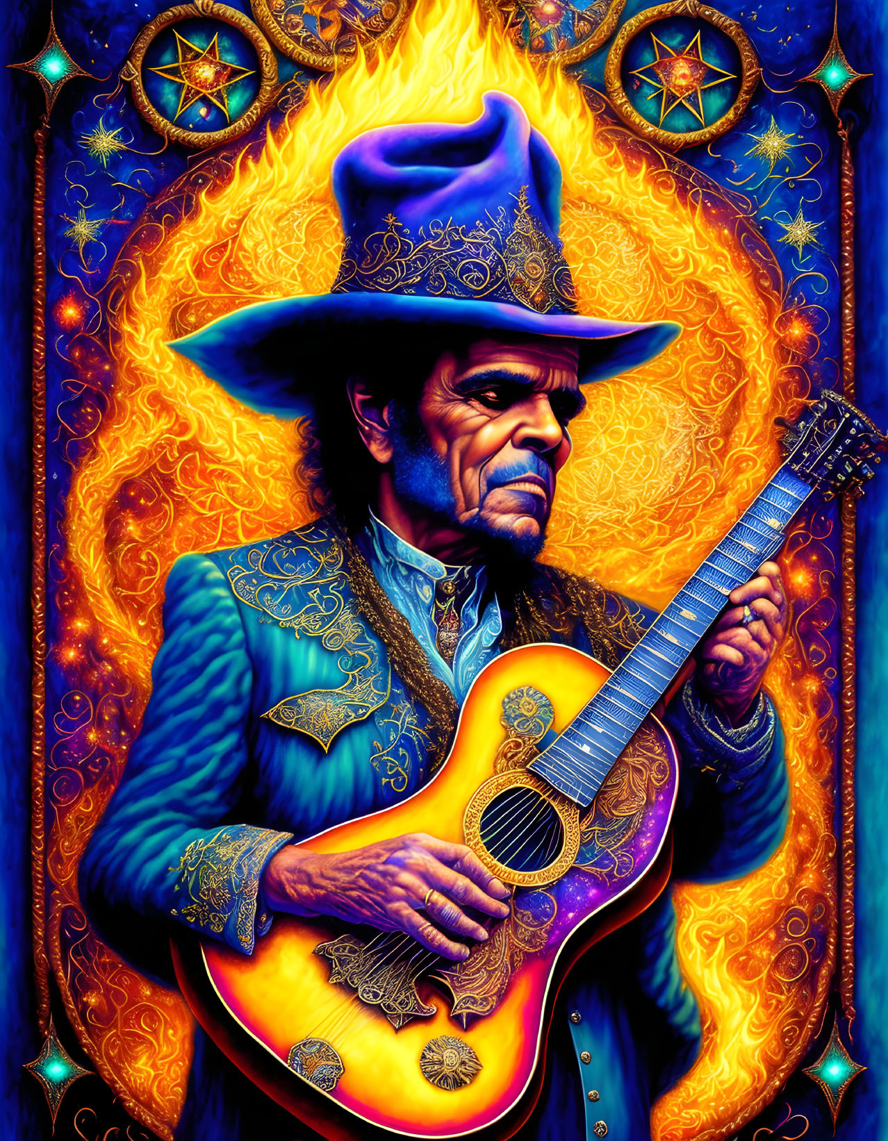 Colorful illustration of stern-faced man in blue cowboy outfit with guitar amidst ornate golden and fiery designs