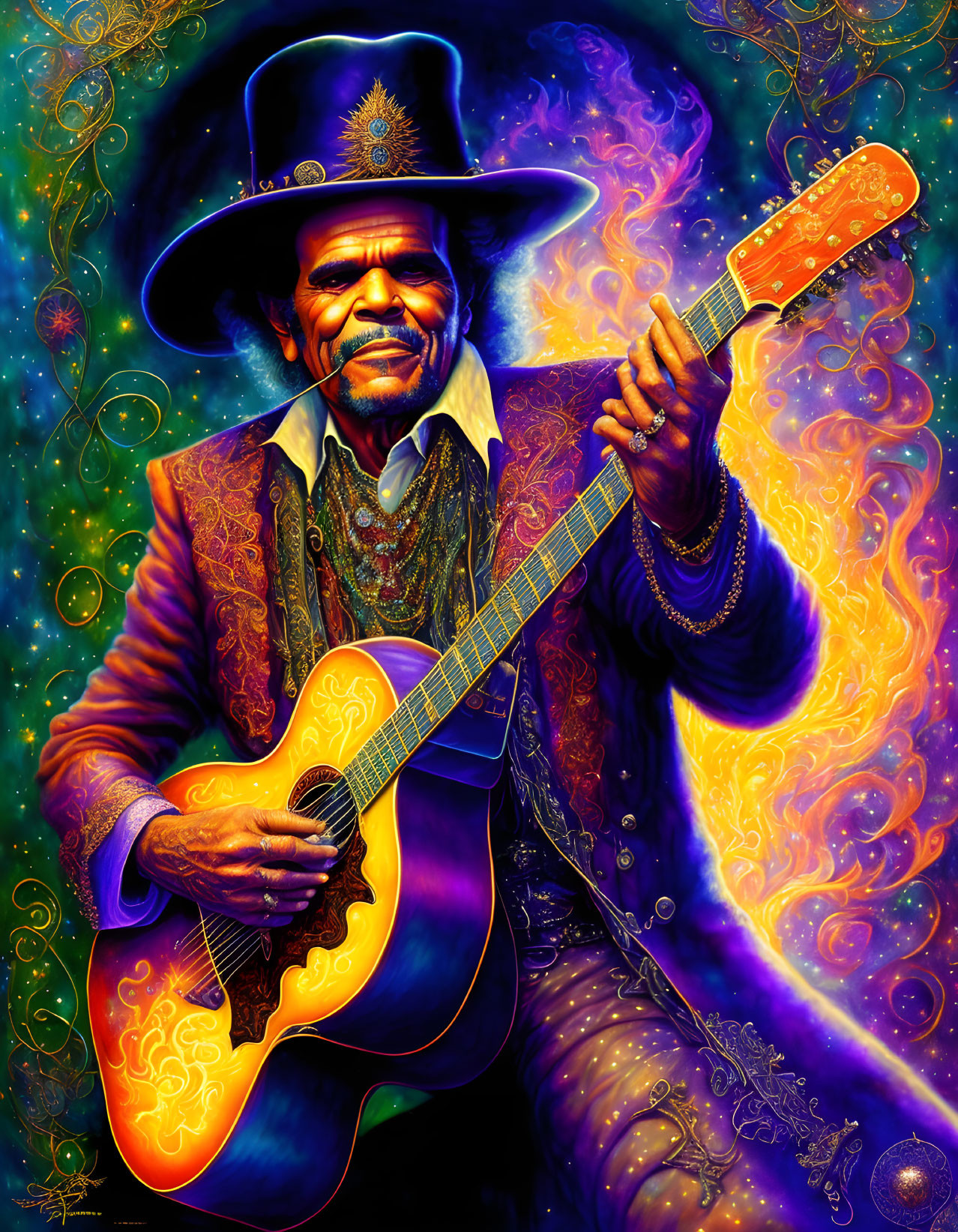 Colorful Illustration: Smiling Man Playing Guitar in Psychedelic Setting