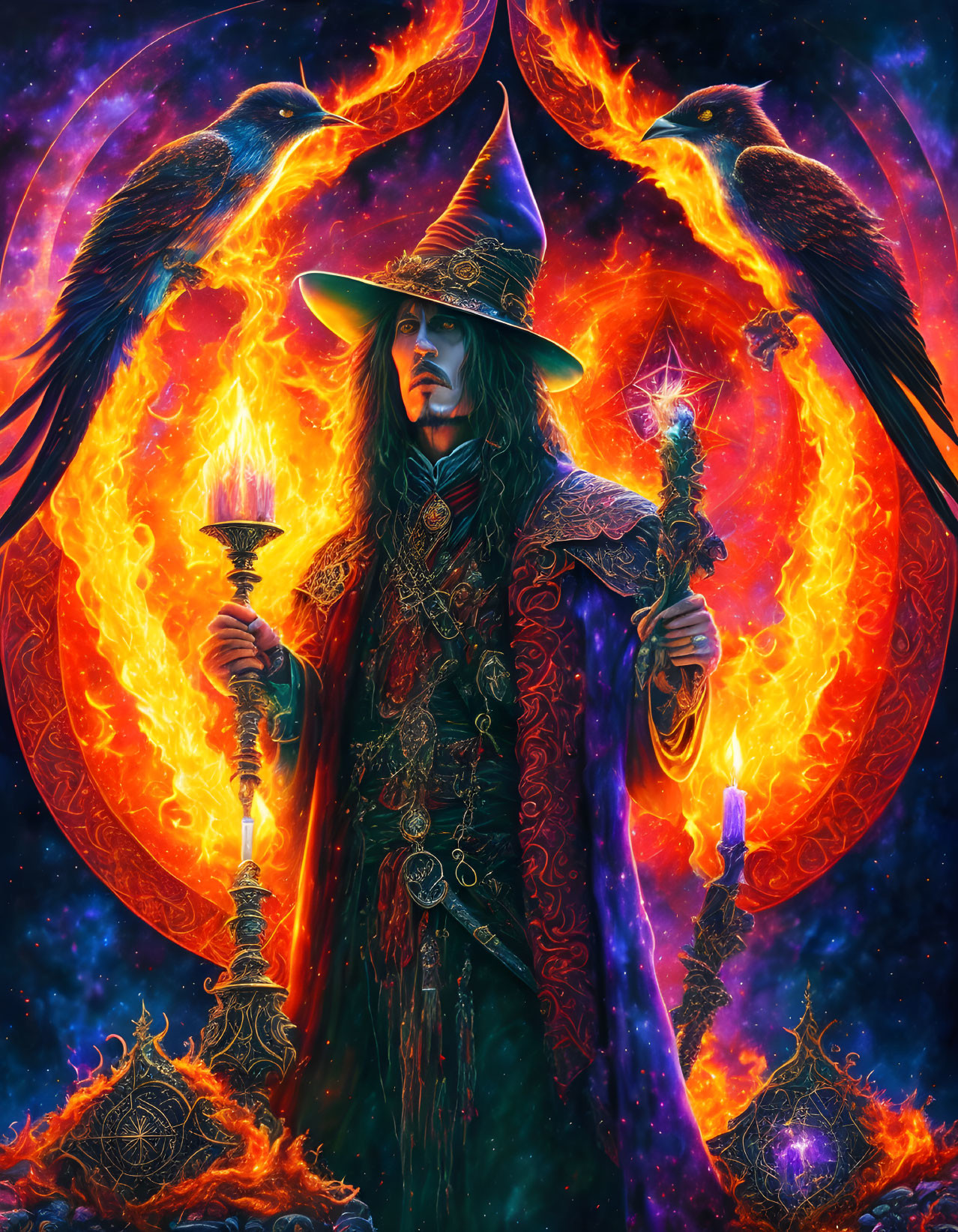 Mystical wizard with flaming staff and ravens in cosmic backdrop