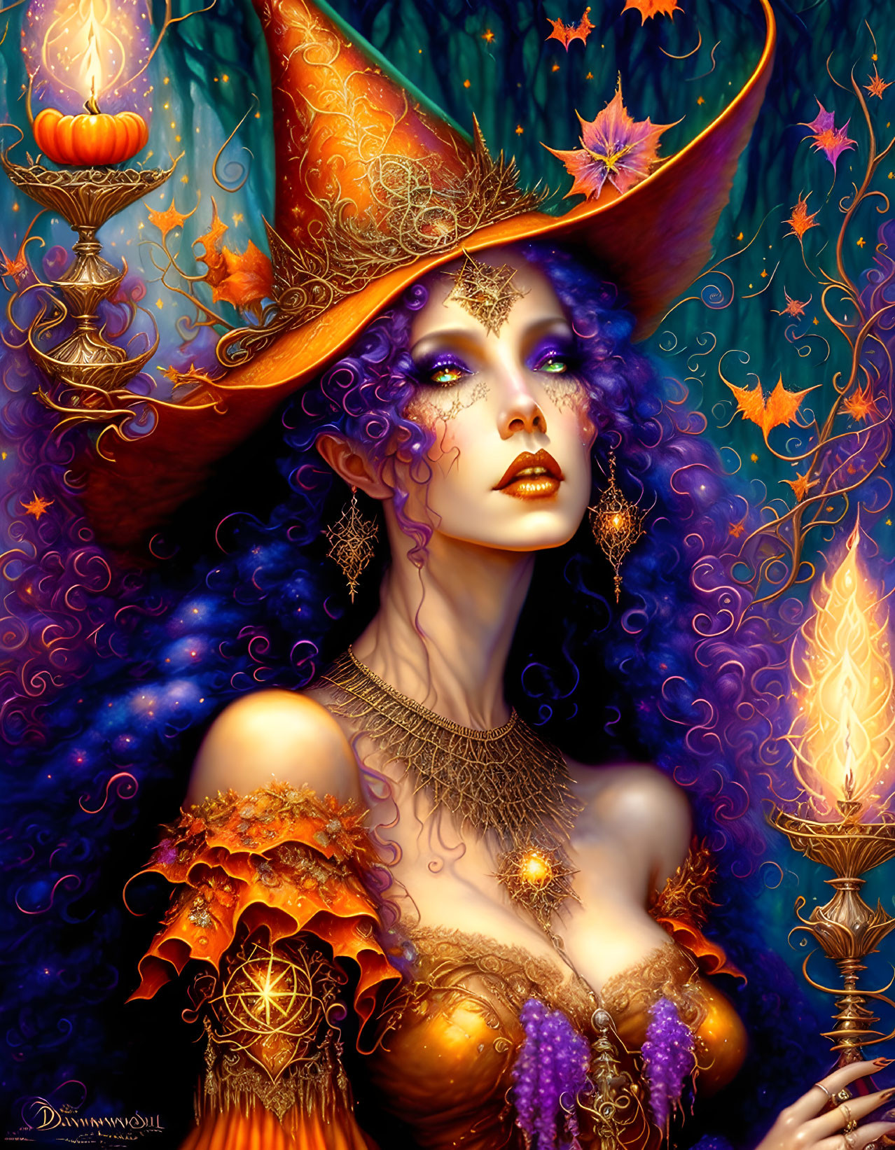 Vibrant witch illustration with purple hair and orange attire surrounded by candles and butterflies