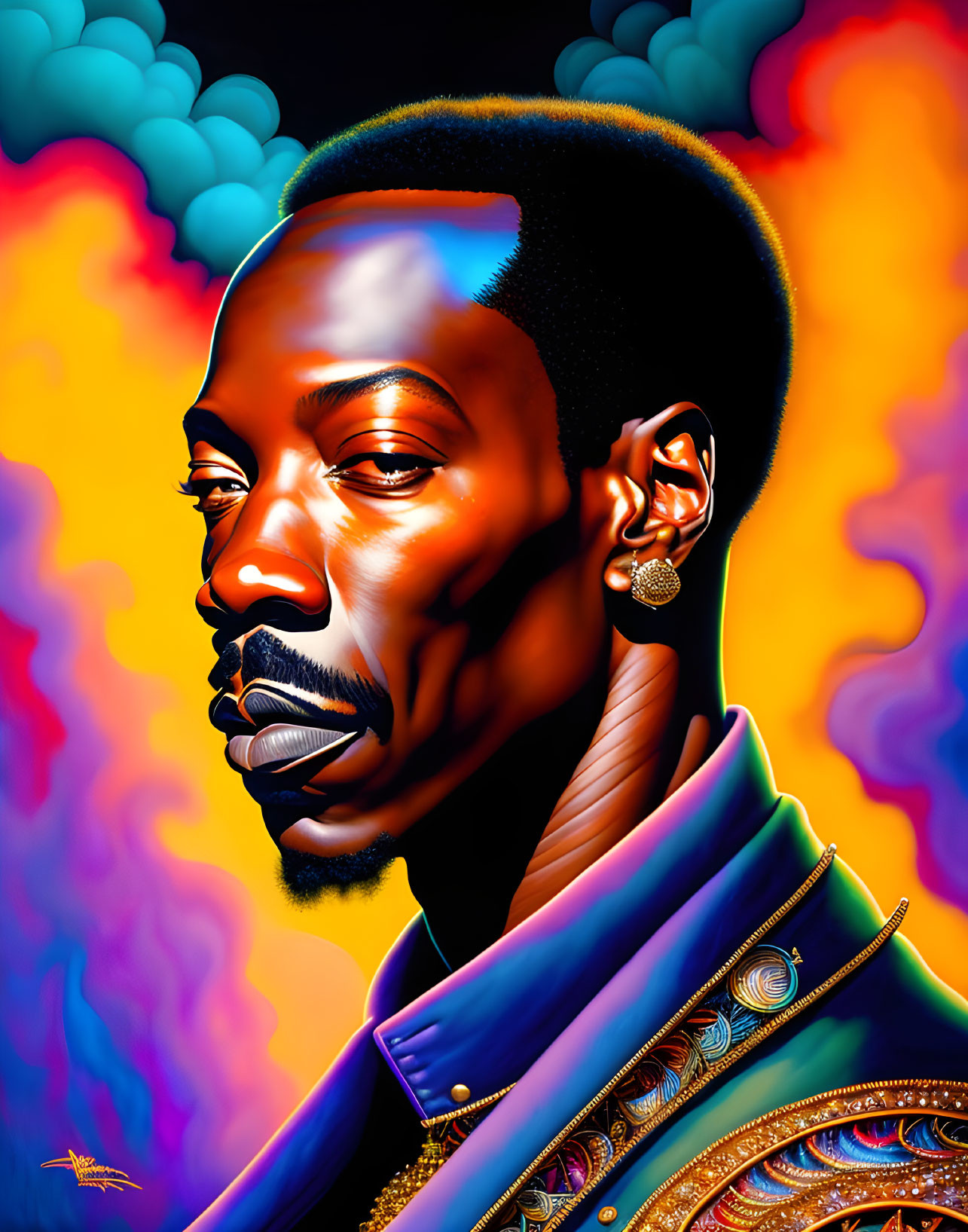 Colorful portrait of a man with stylized features and earring against swirling background